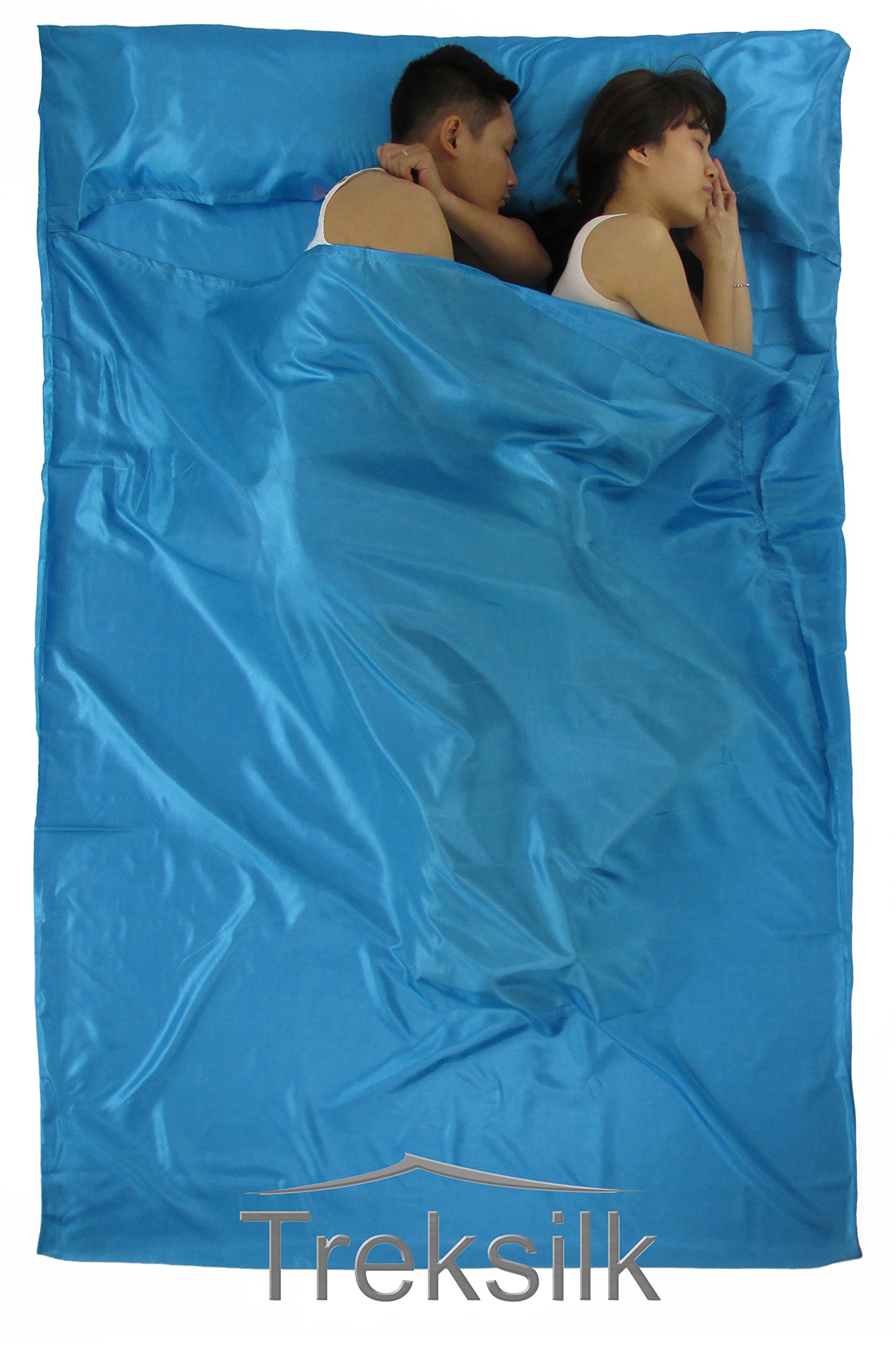 Double Aqua Blue Art Silk Liner Sleeping Bag Inner Sheet Hostel Sack Backpack Travel for Couple Travel Accessory - Protection Bed Bugs