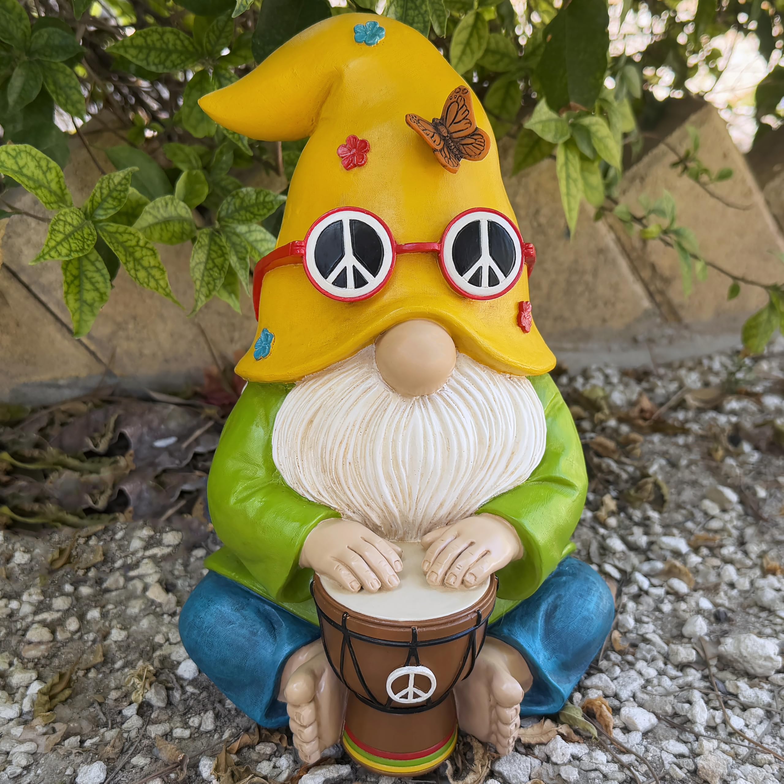 Mood Lab Ogród krasnal - hipisowski perkusista krasnal figurka - 20 cm wysokości zabawna statuetka trawnika - do dekoracji na zewnątrz lub domu
