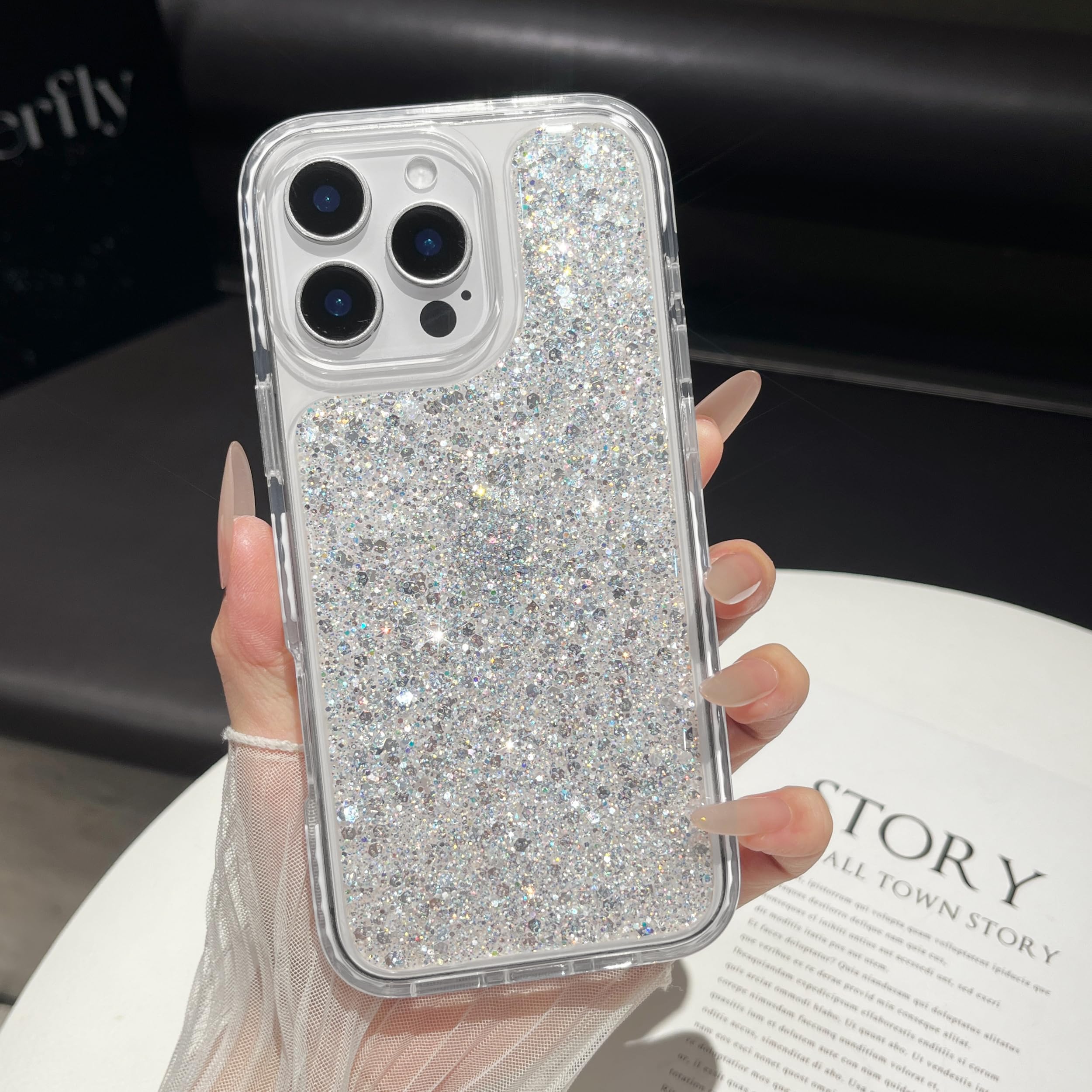 Custodia per iPhone 14 trasparente con retro glitterato, stella