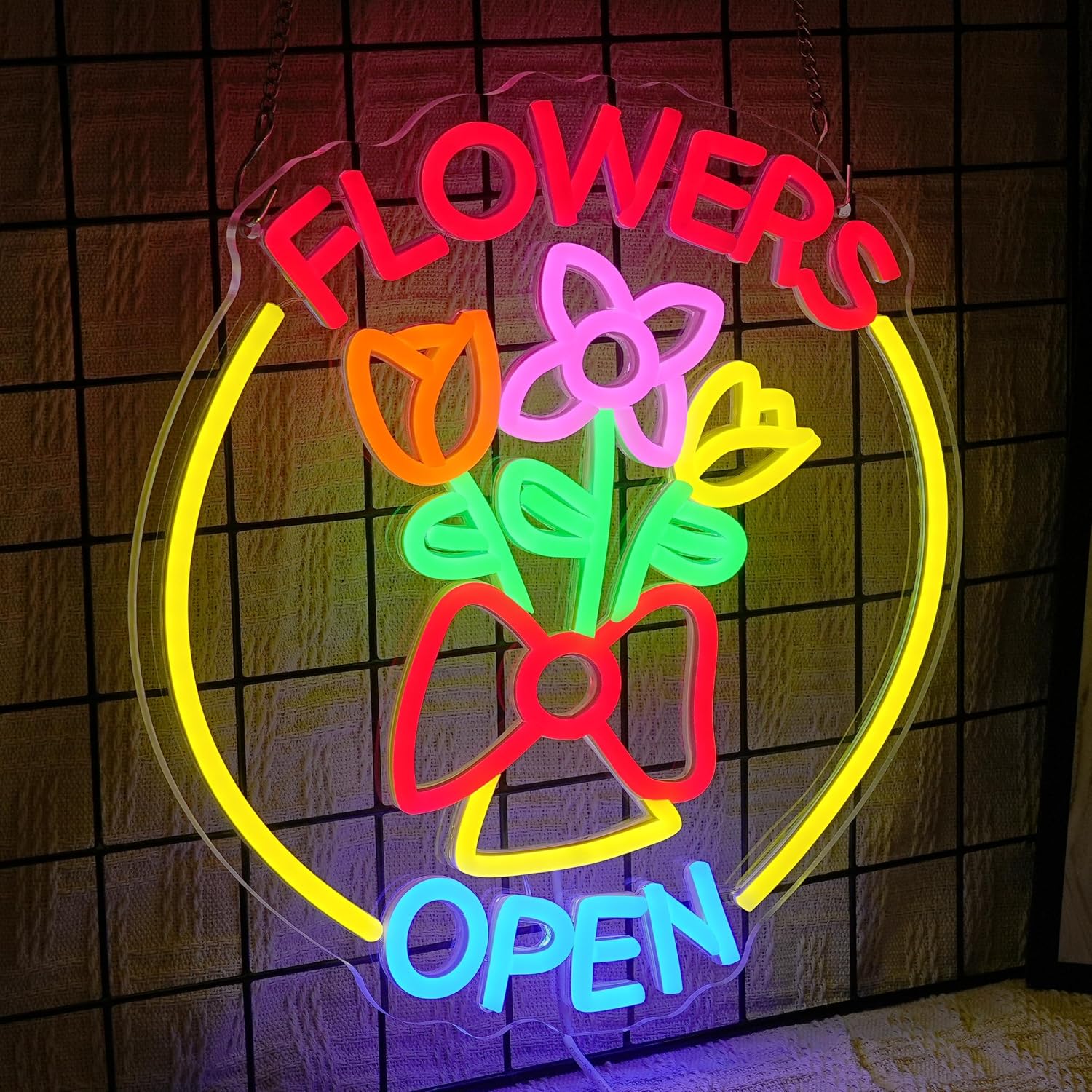 Flowers Open Neon Sign for Business Decor Dimmable Beautiful Flower Shop Neon Light Sign Bright Open Light up Sign for Florist Garden Supermarket Souvenir Store Bar Home Party Window Art Wall