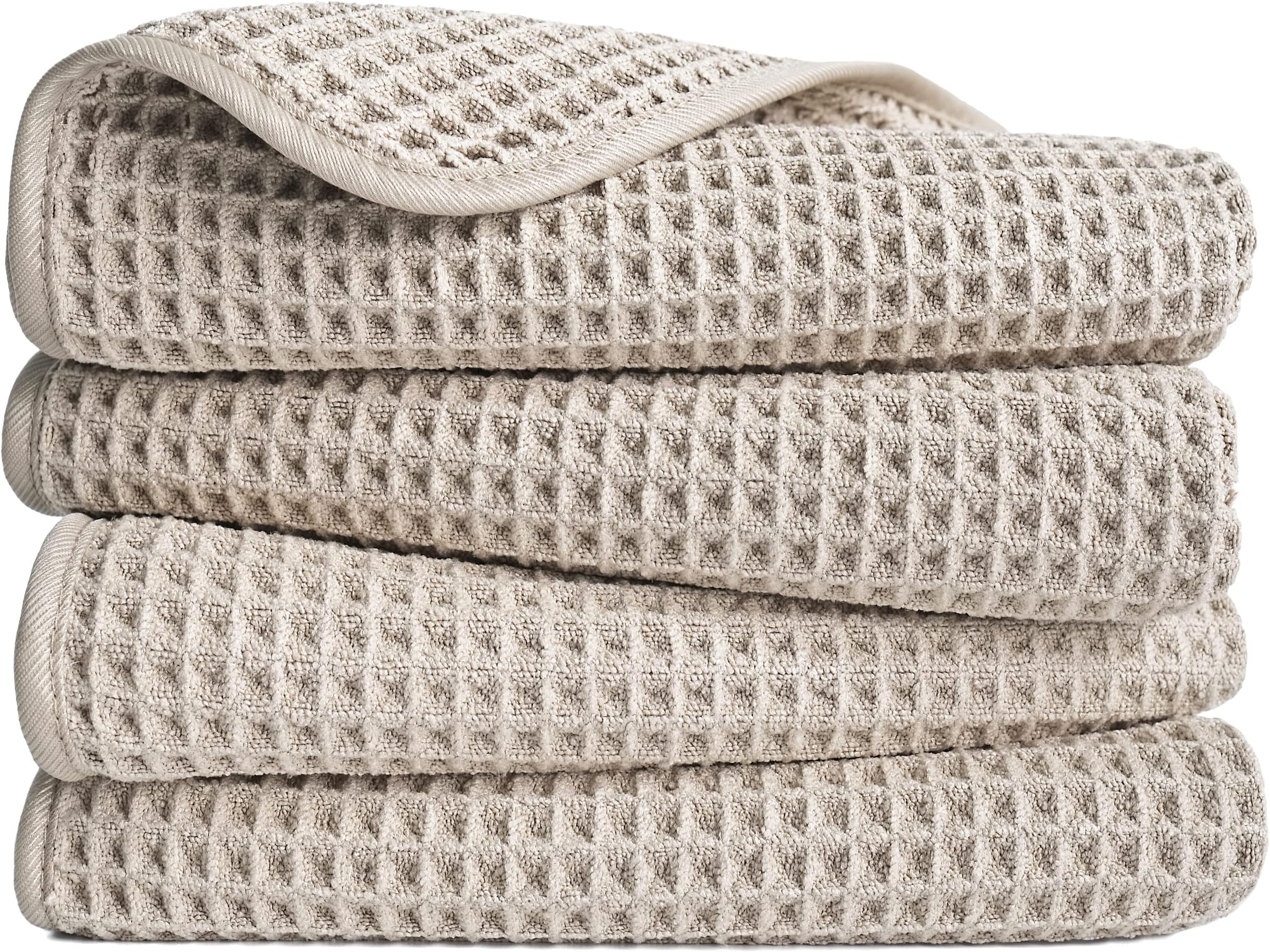 POLYTE Microfiber Lint Free Hand Towel, 16 x 30 in, 4 Pack (Beige, Waffle Weave)