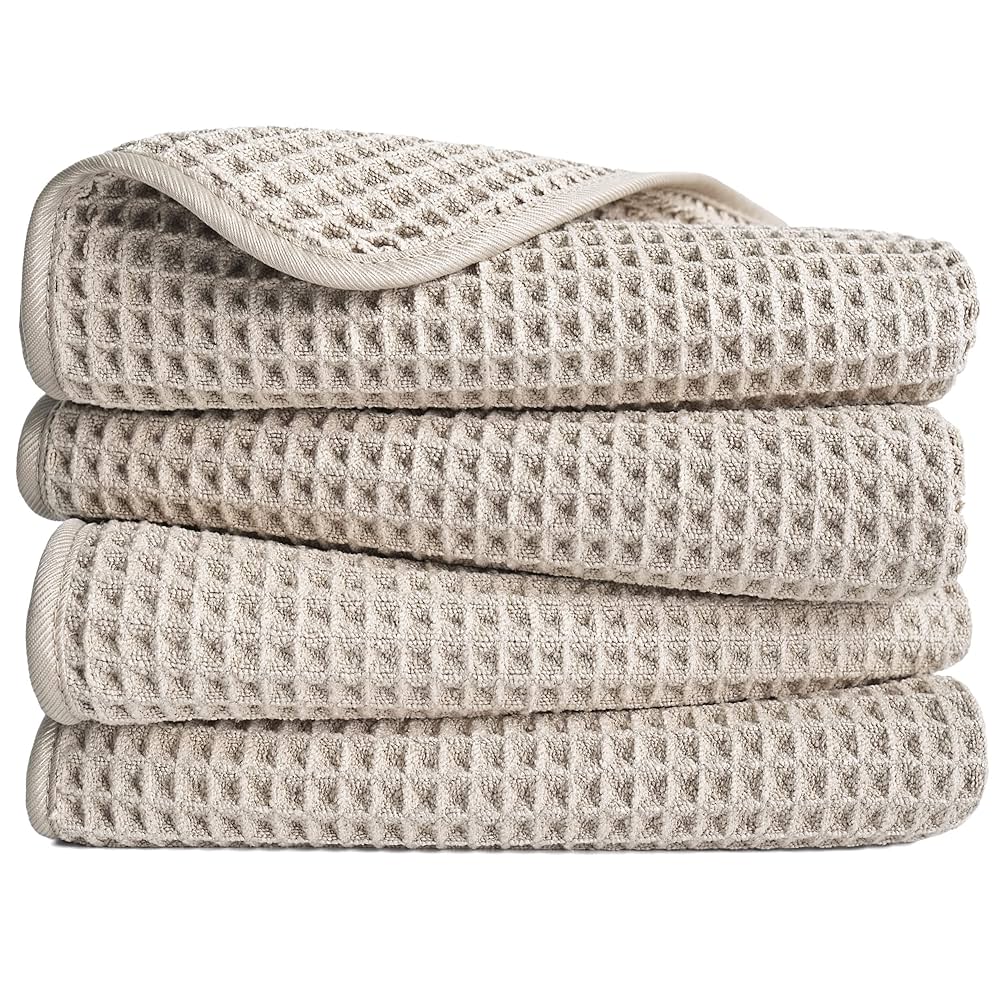 POLYTE Microfiber Lint Free Hand Towel, 16 x 30 in, 4 Pack (Beige, Waffle Weave)
