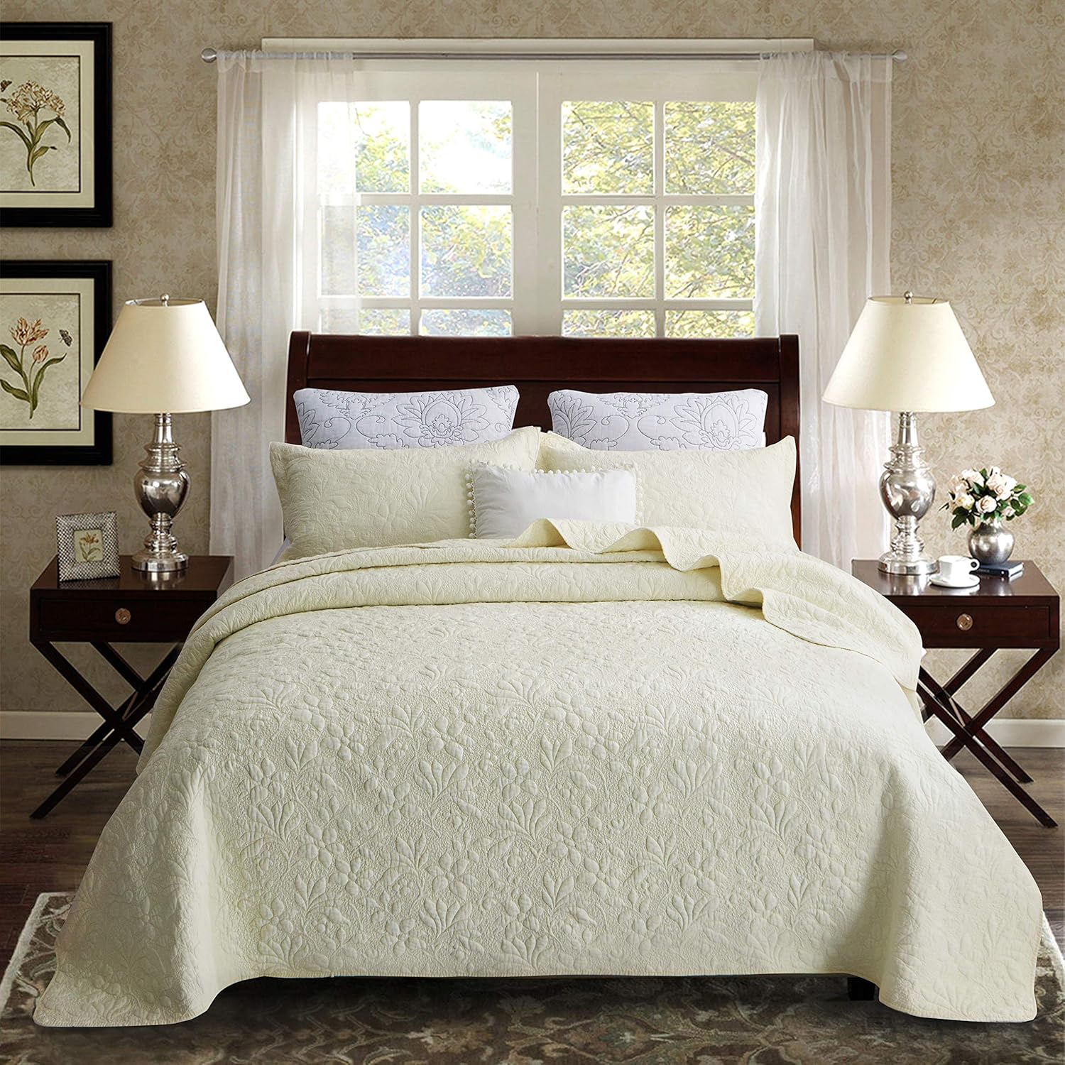 S&S 100% Cotton 3-Piece King Size Quilt Set with Pillow Shams, All Season Breathable Coverlet/Bed Cover/Bedspread - Orchid Floral Pattern, Ivory, 106"x92"