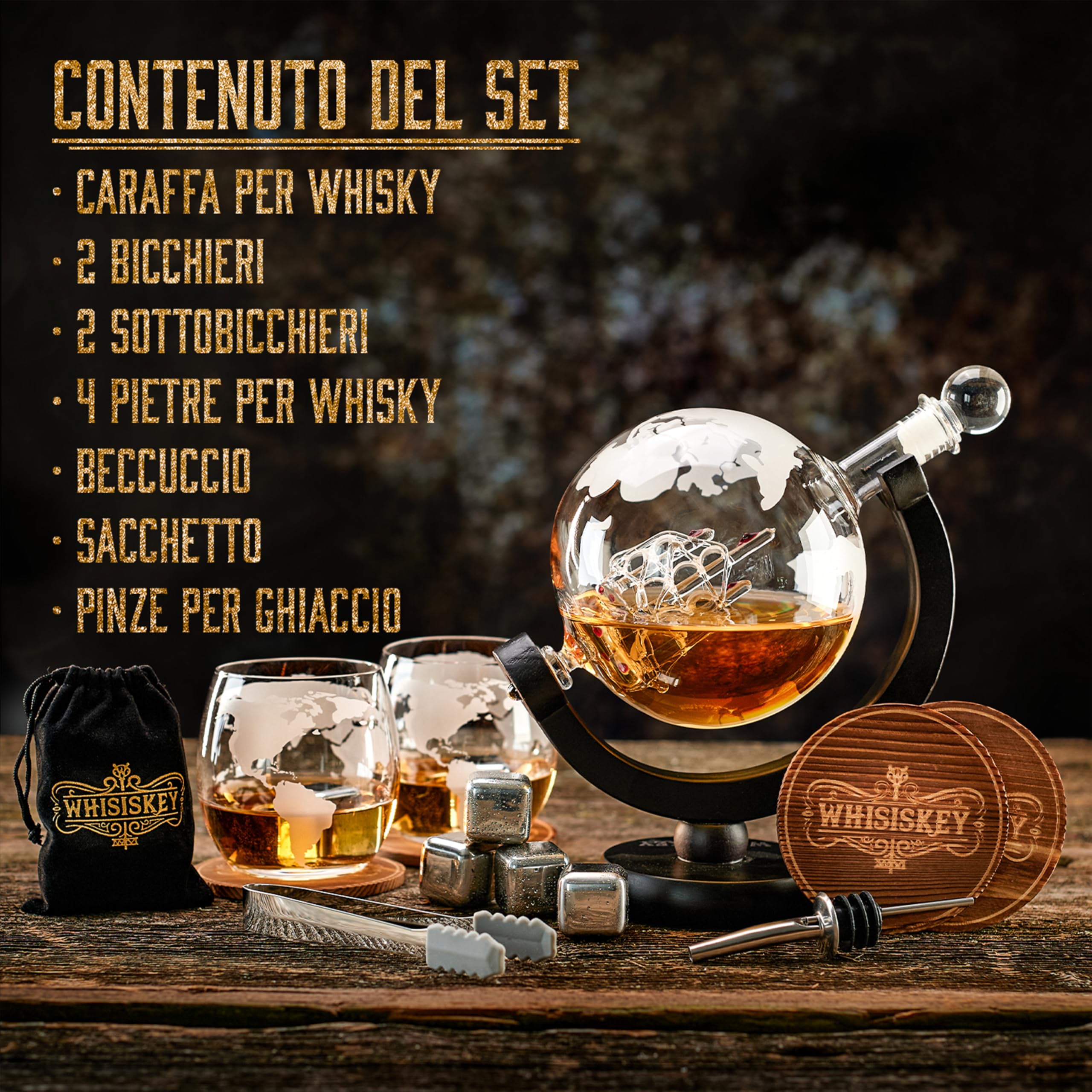 WHISISKEY Decanter per Whisky - Set Whisky Regalo - Idee Regalo Uomo Compleanno - Globe Decanter 900ML, Scatola Regalo, 2 Bicchieri da Whisky x 285ML, 4 Pietre di Whisky, Accessori