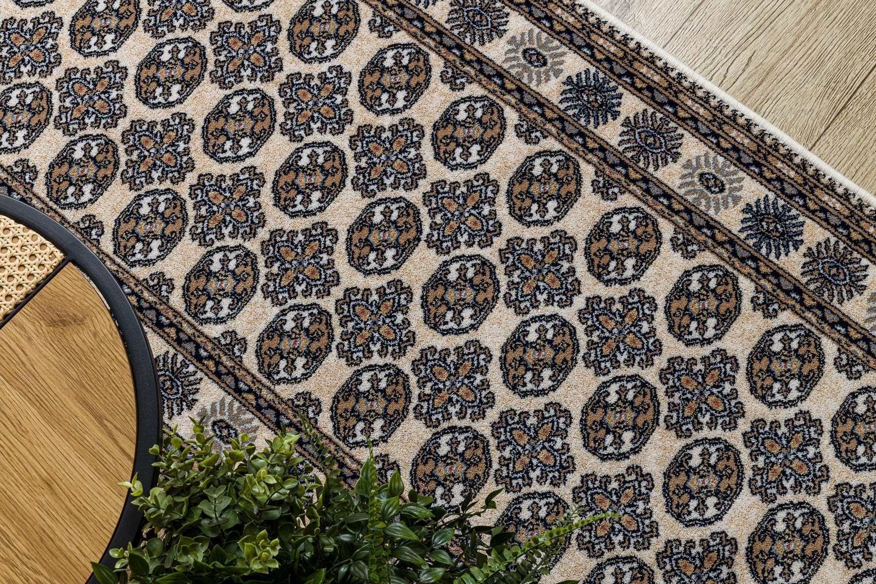 rugsx NAIN Läufer - Hochwertiger Wollteppich mit Rosettenmuster in Beige & Dunkelblau - Eleganter Orient-Teppich für Flur & Wohnzimmer 80x200 cm
