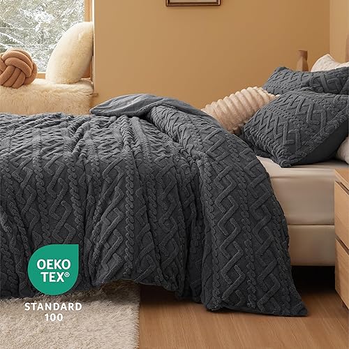 Miniatura 9 de Bedsure Juego de funda de edredón mullida, piel sintética, tamaño Queen, afelpada, gris oscuro, 3 piezas, 1 funda de 90 x 90 pulgadas, cierre de