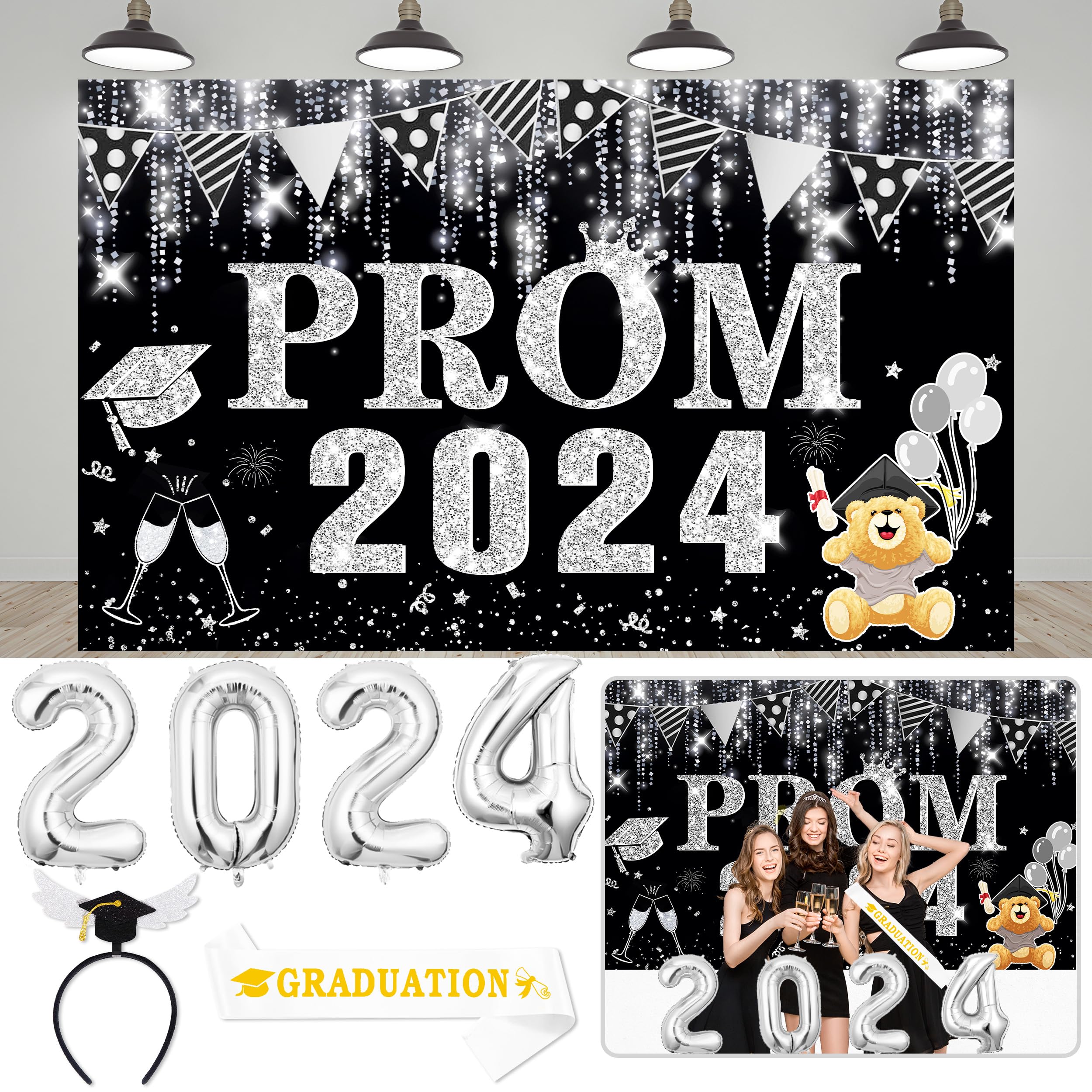 Abitoncc 4 PCS Prom Banner 2025 Silver Prom Night Decorations 2025 Backdrop Silver 2025 Foil Balloons for High School College Class of 2025