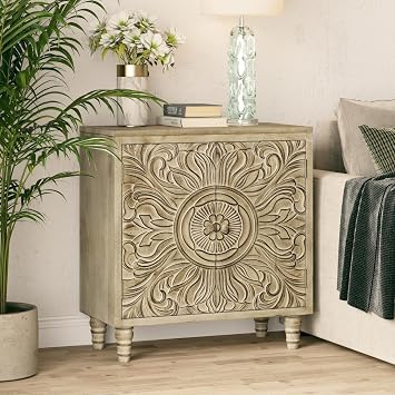 COZAYH Distressed Storage Cabinet with Carved Flower, Weathered White