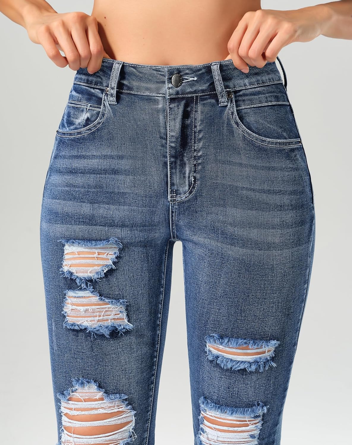 roswear Women's Essentials Ripped Mid Rise Destroyed Skinny Jeans - Image 7