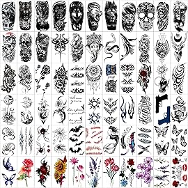 82 Sheets Temporary Tattoos Stickers, Fake Body Arm Chest Shoulder Tattoos for Men and Women, Halloween Temporary Tattoos Black Fake Skull Skeleton Tattoos for Halloween Cosplay