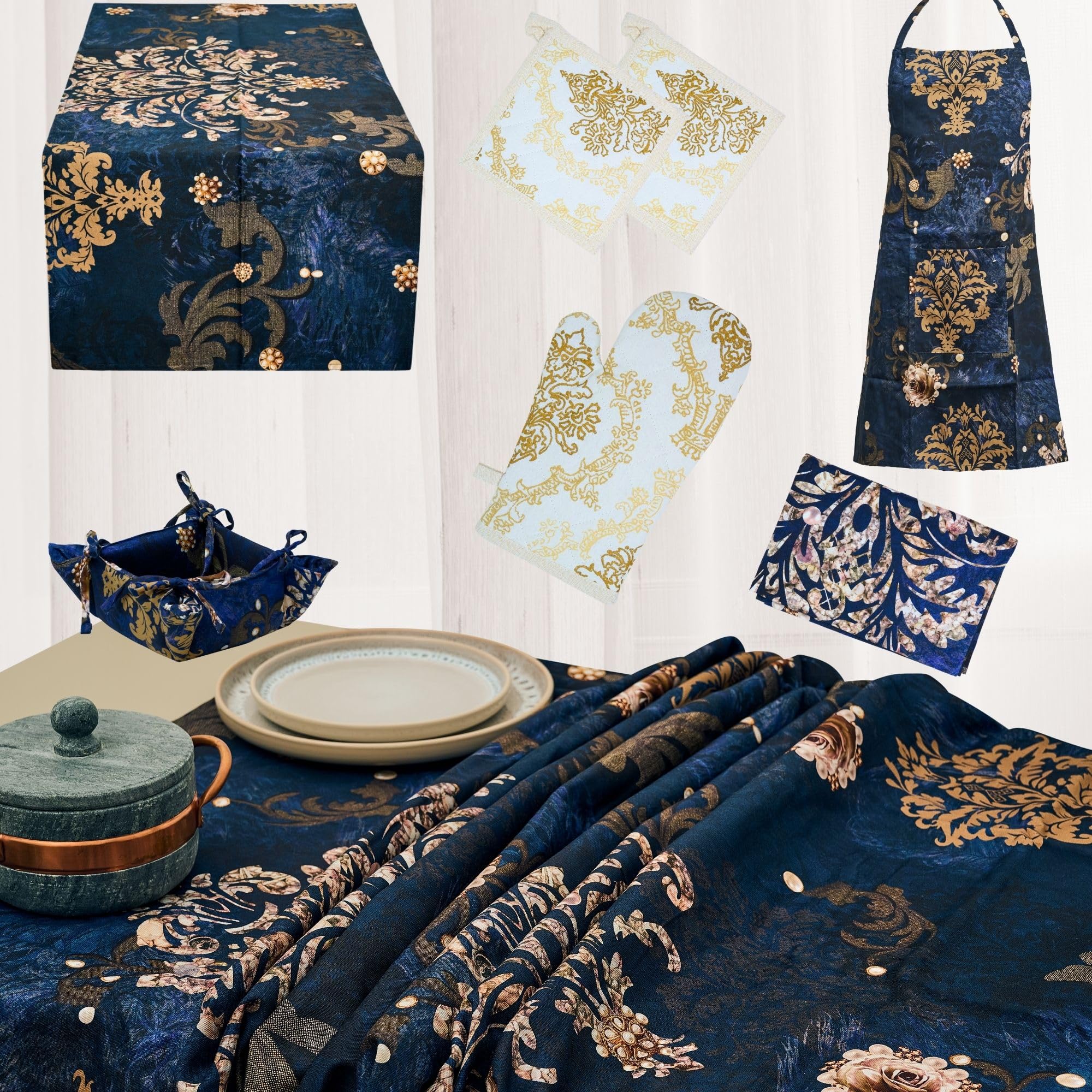 NAMAI - Set 8 Pezzi Danubio Blu, 100% Cotone, Lavabili in Lavatrice, Resistenti al Calore, Tovaglia Cotone 160x300, Runner Tavolo, Set Presine da Cucina e Strofinacci (Set Con Tovaglia 160x300)