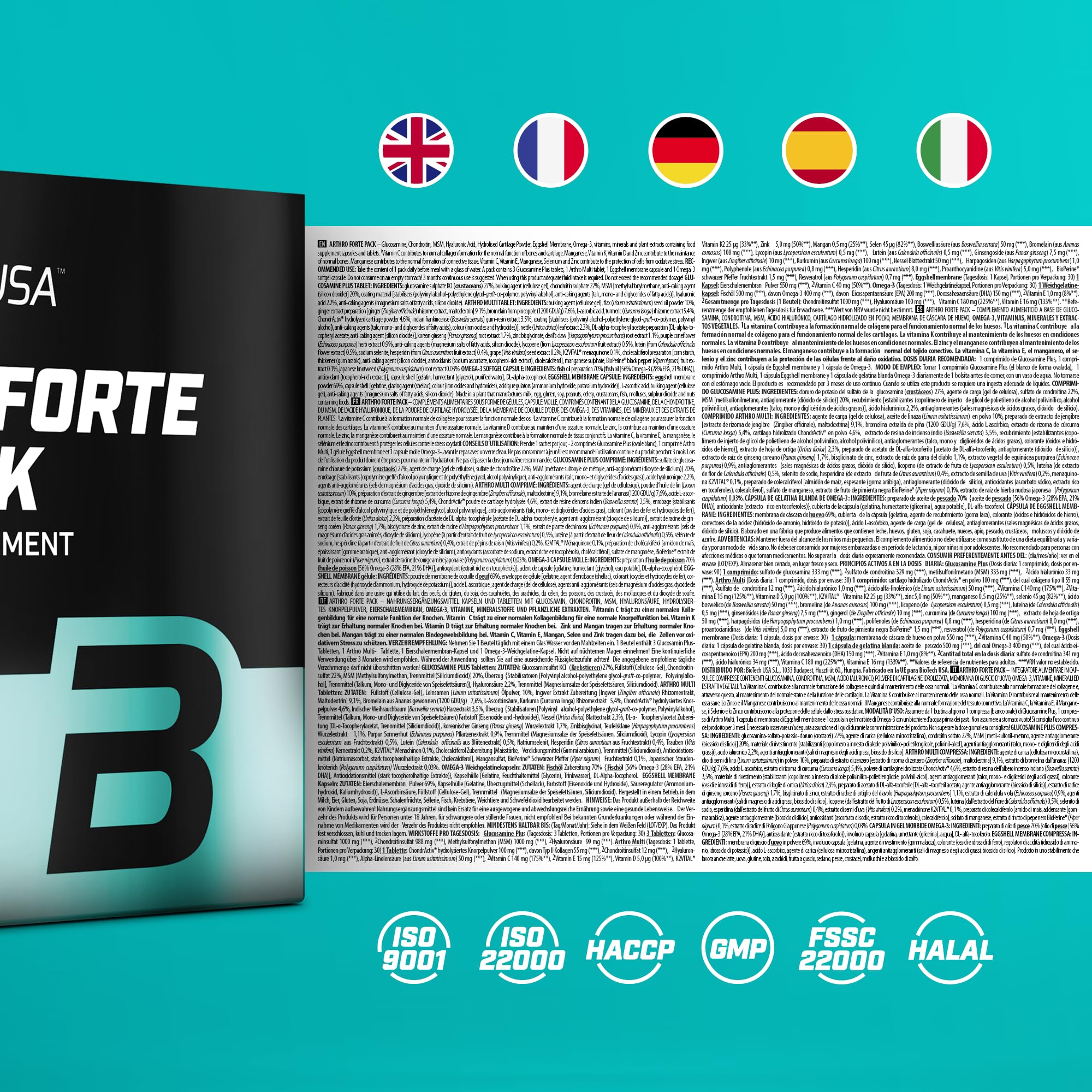 BioTechUSA Arthro Forte Pack, Paquet de complément alimentaire contenant de la glucosamine, de la chondroïtine, du MSM, des extraits de plantes, 30 paquets