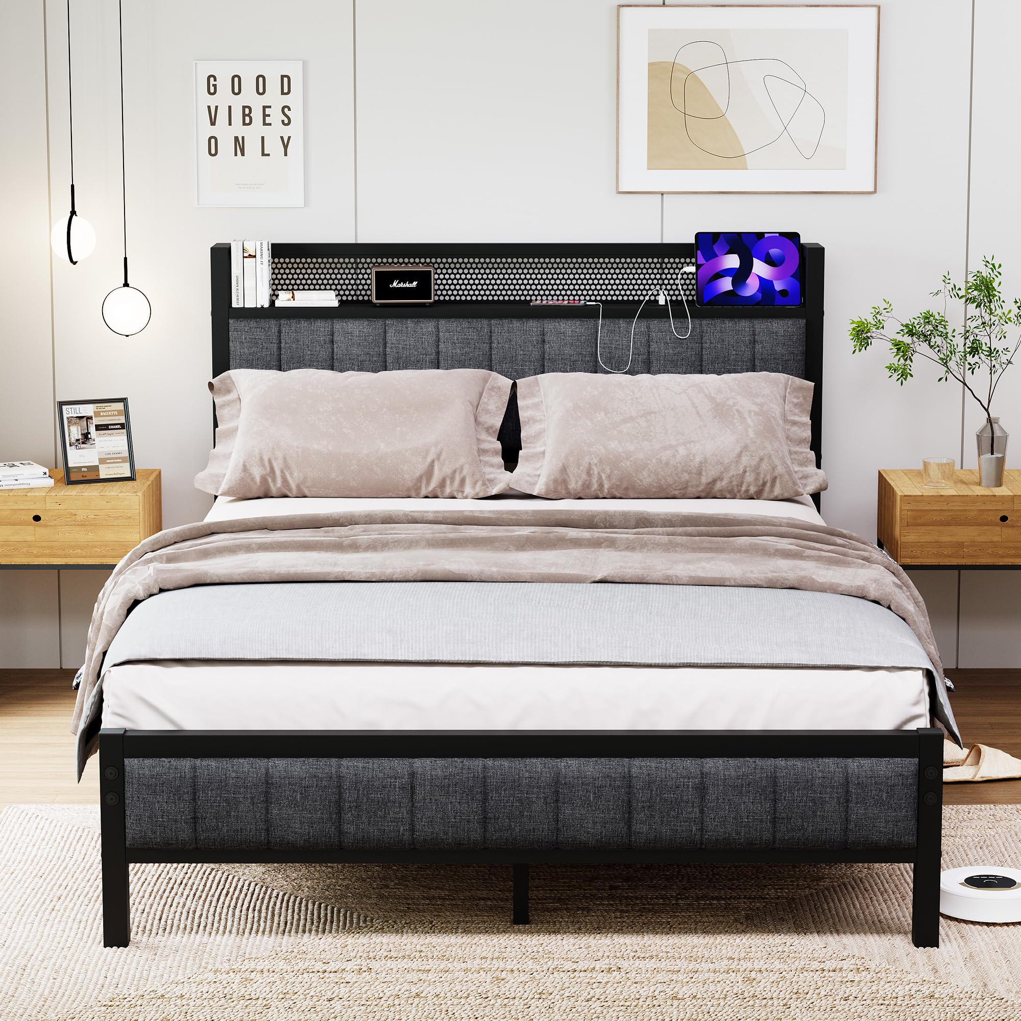 Bett 140x200 mit Metal Lattenrost,Bettgestell140x200 mit Kopfteil & Ladestation(2 AC-Steckdosen& 1 USB-Anschlüsse) Metallbett 140x200, Jugendbett, Doppelbett