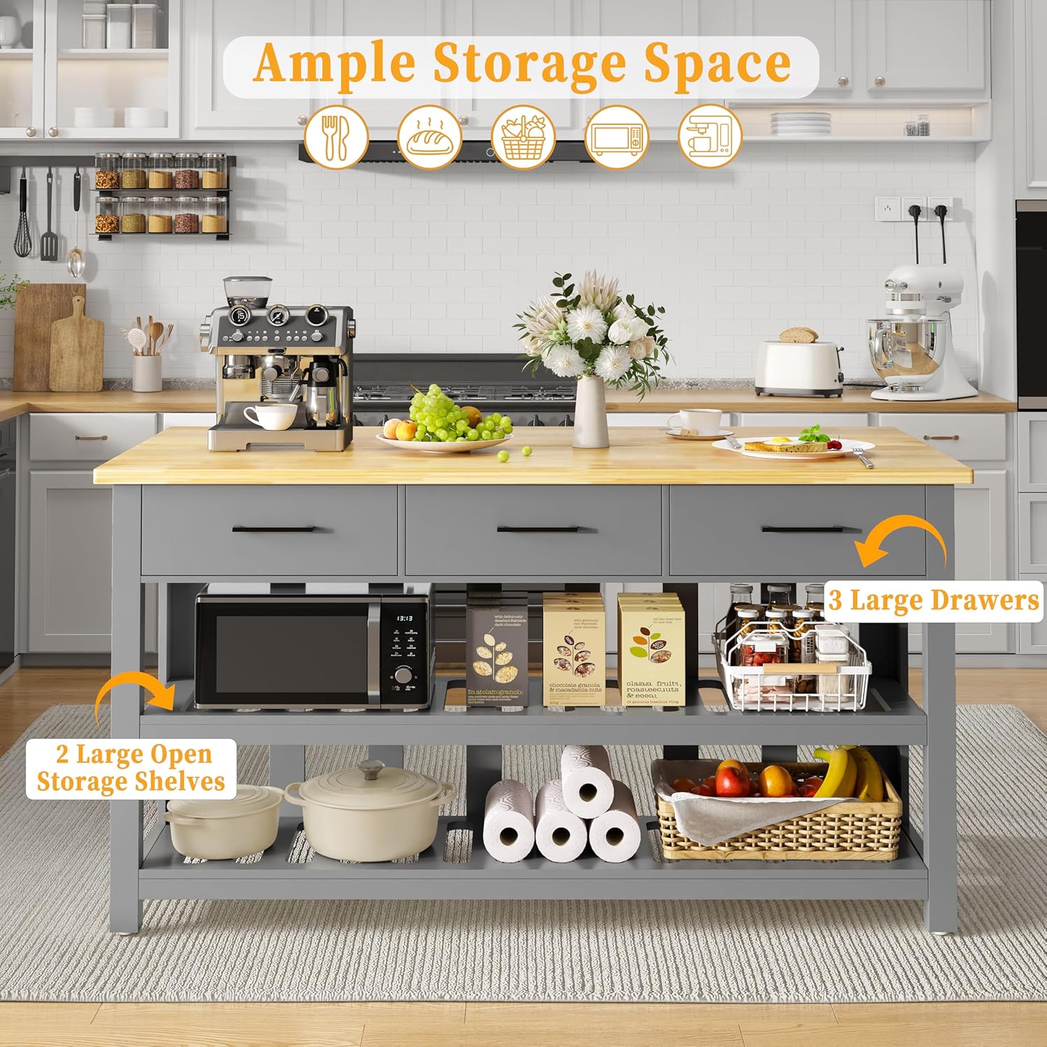 60" Solid Rubberwood Kitchen Island with Power Outlets - Extra Large Work Surface, 3 Drawers & 2 Open Shelves Storage Cabinet for Kitchen Dining Room, Farmhouse Style (Grey)