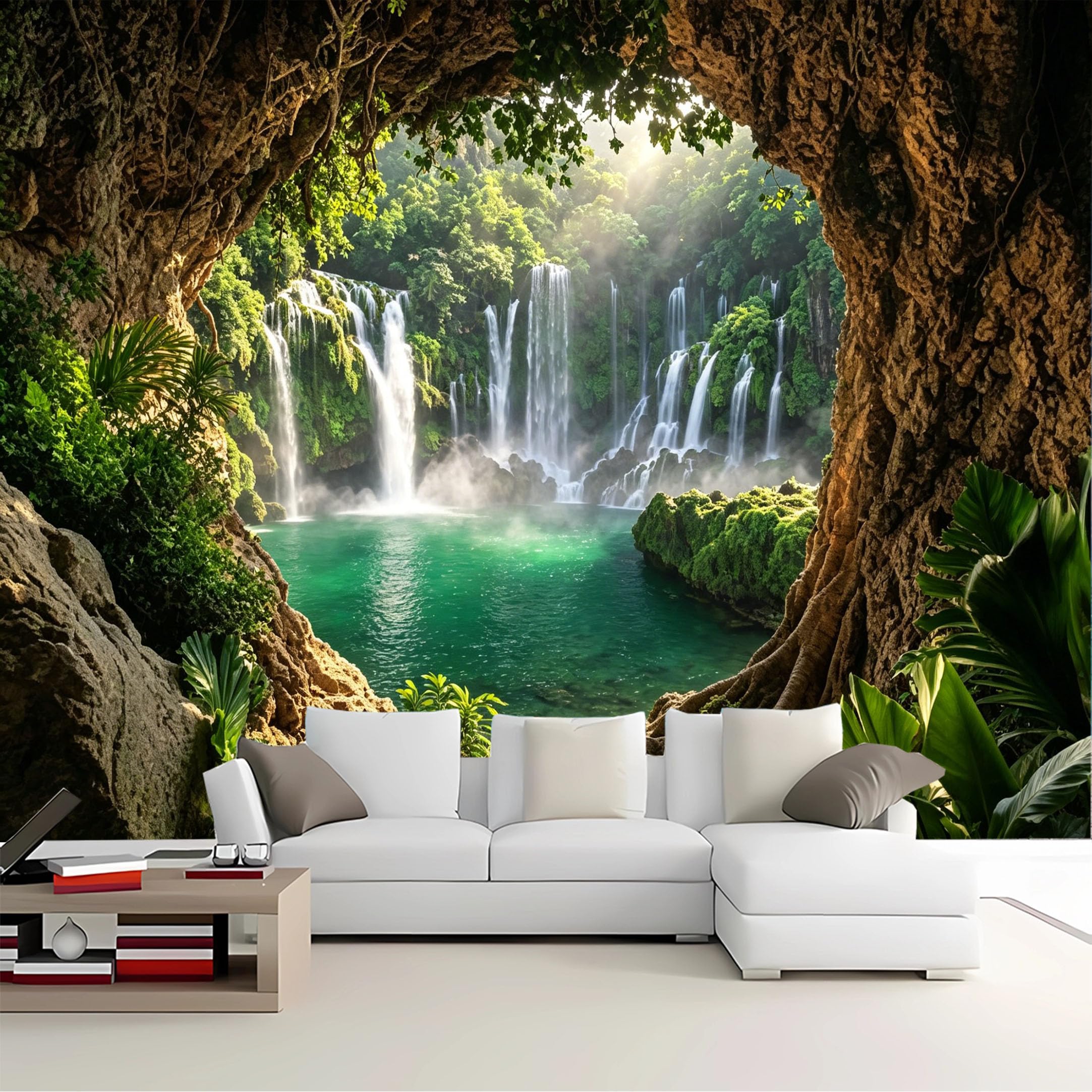 Custom Size Wall Mural Cave View Multiple Waterfalls Forest Removable Self Adhesive Peel and Stick Wallpaper for Bedroom Living Room Dining Room