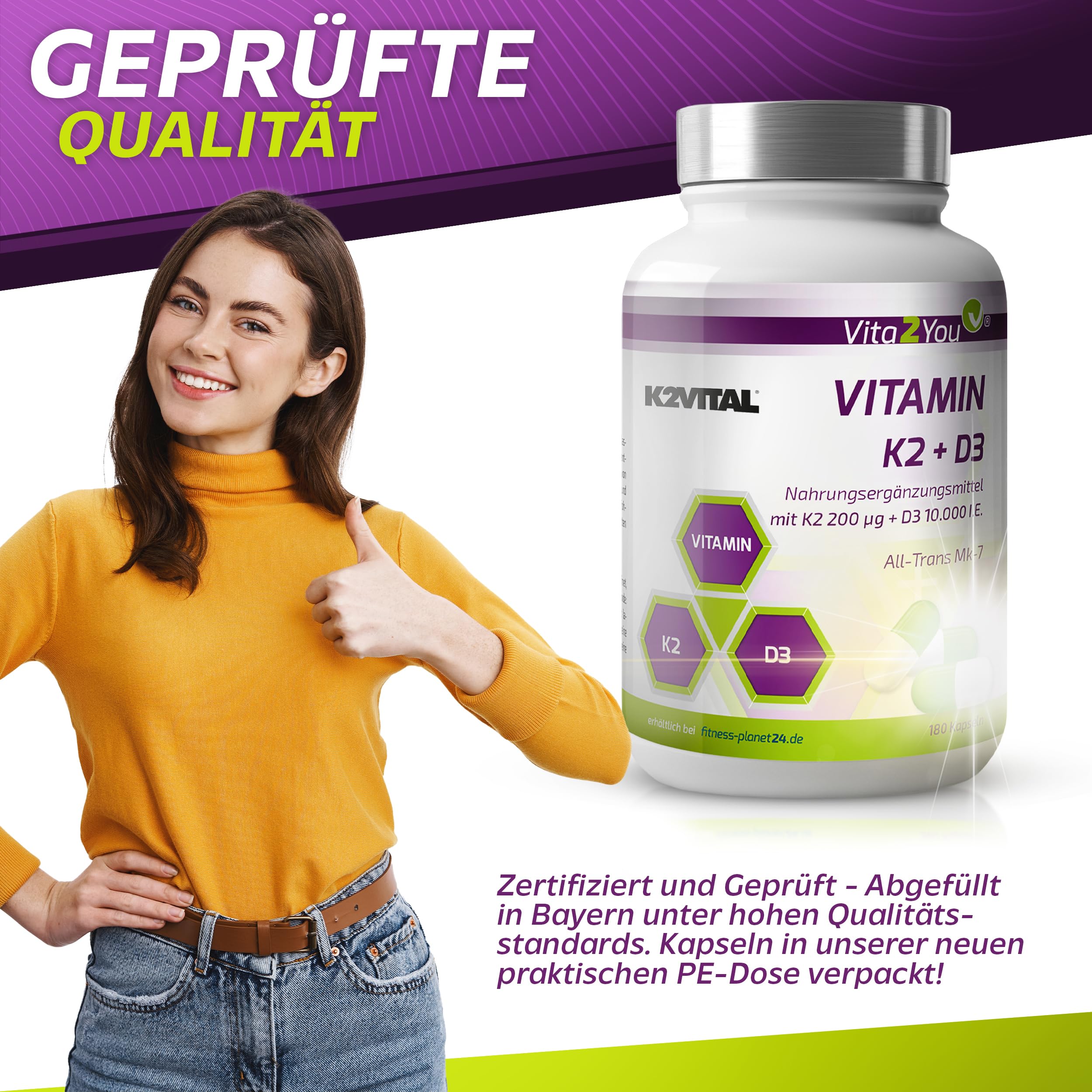 Vita2You Vitamin D3 + K2-180 Kapseln - Vitamin D3 10.000 IE + Vitamin K2 (MK-7) 200µg - Original K2VITAL® von Kappa - Premium Qualität