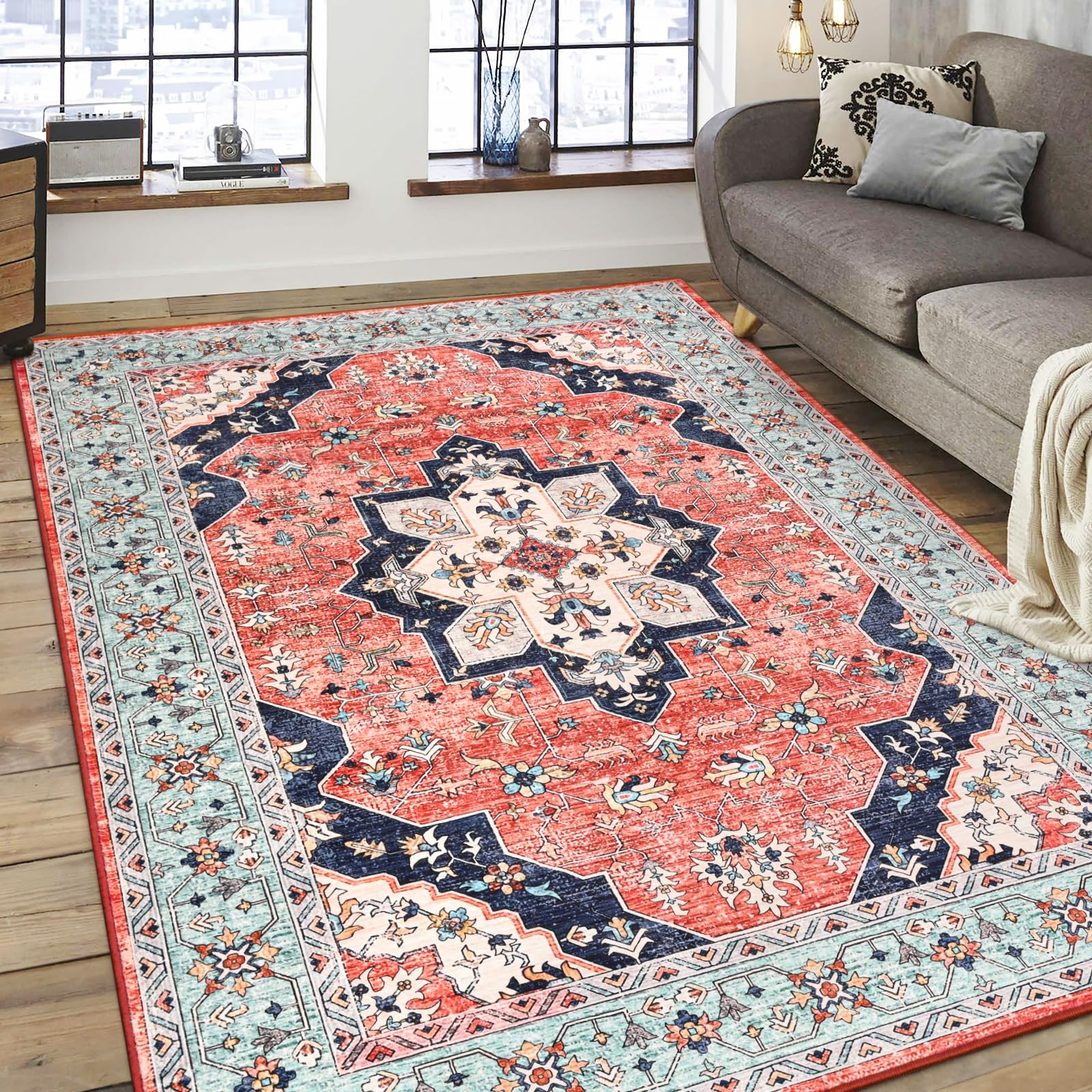 FlyDOIT Vintage Area Rugs for Living Room, 5x8 Red Blue Floral Medallion Washable Rug for Bedroom, Faux Wool Ultra Soft Retro Accent Rug, Non Slip Indoor Carpet for Kitchen Office Dining Room Decor