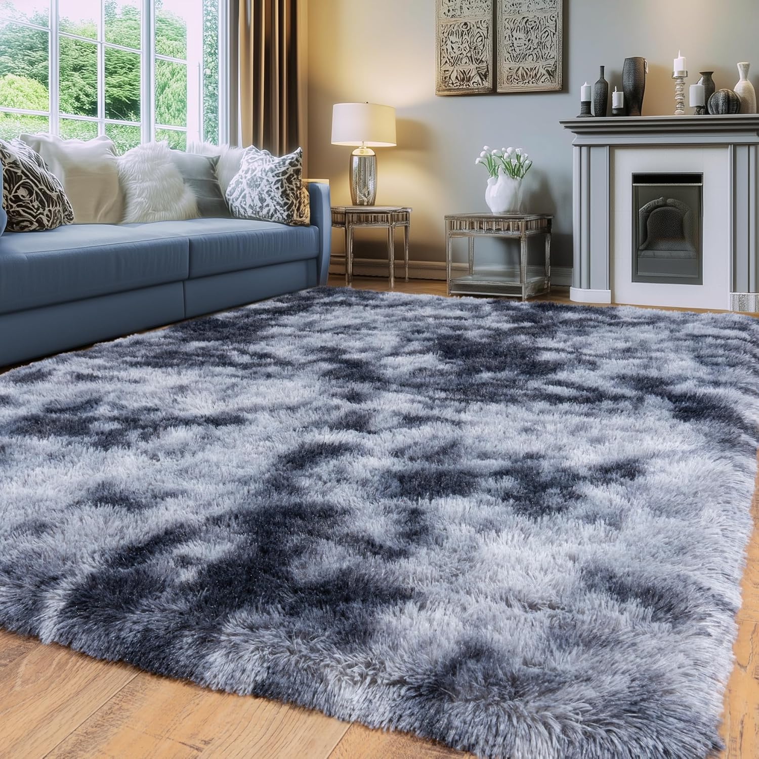Tie-Dyed Blue Fluffy Rugs for Bedroom 6x9 ft - Ultra Soft & Non Slip Shaggy Area Rug, Comfy Durable Carpet for Living Room Kids Room Teens Dorm Home Decor, 1.7'' Thick Indoor Carpets Tie-dyed Black 6x9 feet