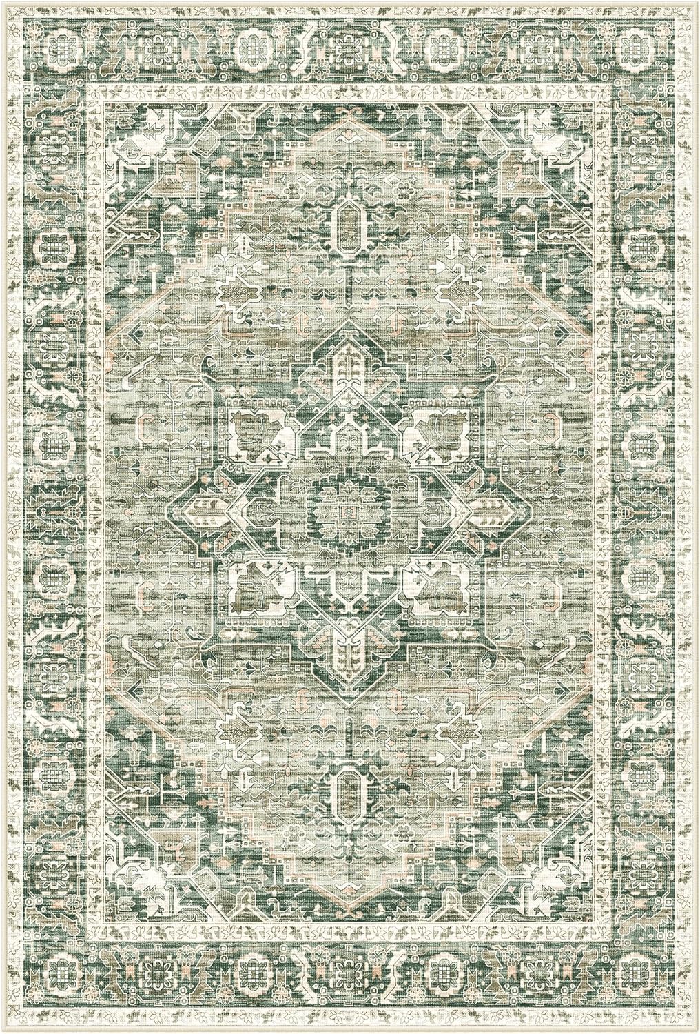 LIVELYGLOW 4x6 Washable Area Rug for Living Room Bedroom, Retro Printed Traditional Vintage Rug, Non-Slip Foldable Large Carpet for Dining Room Home Decor, Beige/Grey