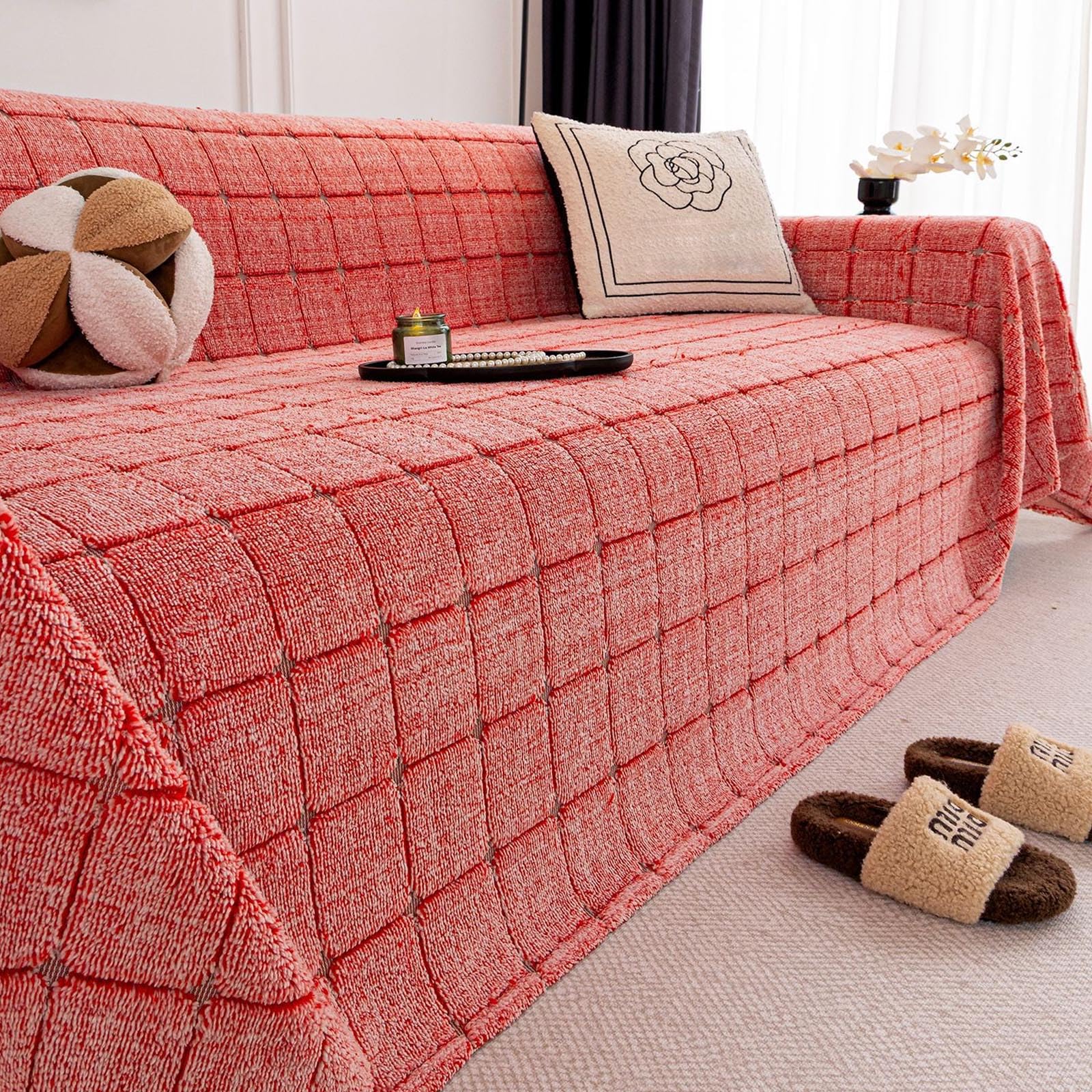Plaid grand canapé anti-griffures de chat | Protège-canapé velours rouge lavable
