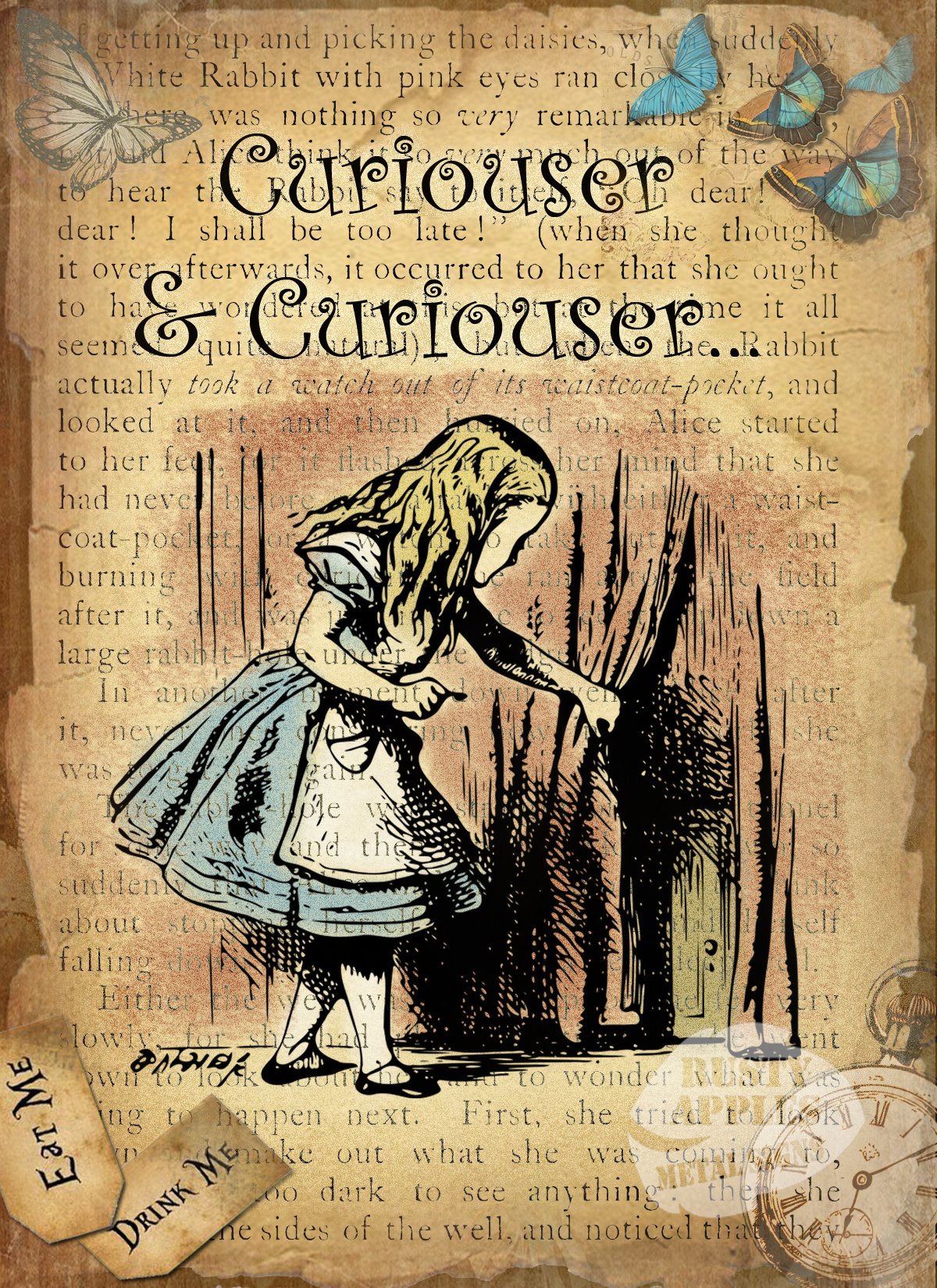 The Rusty Apples Metal Sign Co Multicolor Alice In Wonderland Curiouser & Curiouser – Vintage - Style Metal Sign – 3 Sizes To Choose – Home Decor – Unique Gift (8” X 6” 200 X 150 Mm)