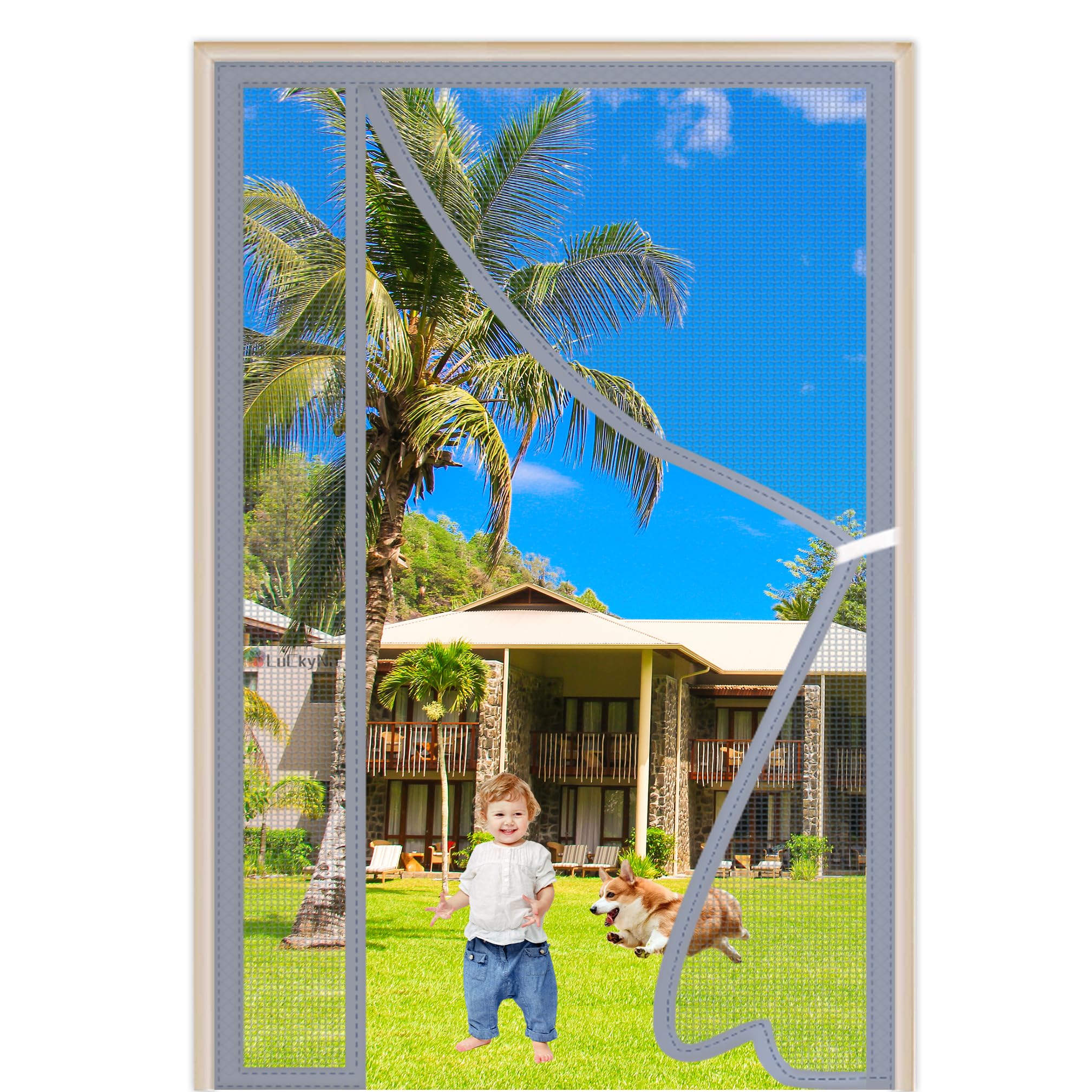 Luckyna Grey Fly Screens For Doors 80X205cm Side Opening Mesh Fly Curtain Mosquito Net Windows Self-Adhesive Window Shuts Automatically Easy To Install Without Drilling
