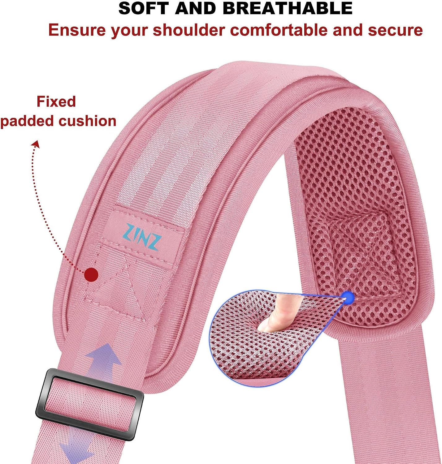 ZINZ Shoulder Strap - 59 Inch Universal Heavy-duty Adjustable Strap with Ultra-thick Fixed Breathable Pad for Laptop, Gym, Camera Bag and More -Pink image 3