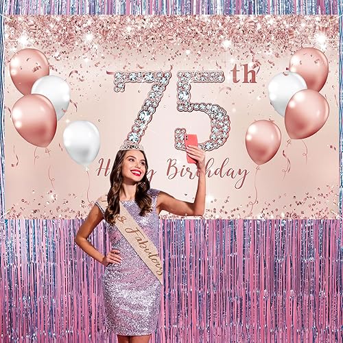 Miniatura 6 de Trgowaul Juego de decoración de fiesta de cumpleaños 75 para mujer, pancarta y mantel de cumpleaños número 75 de oro rosa, banda y tiara fabulosas,