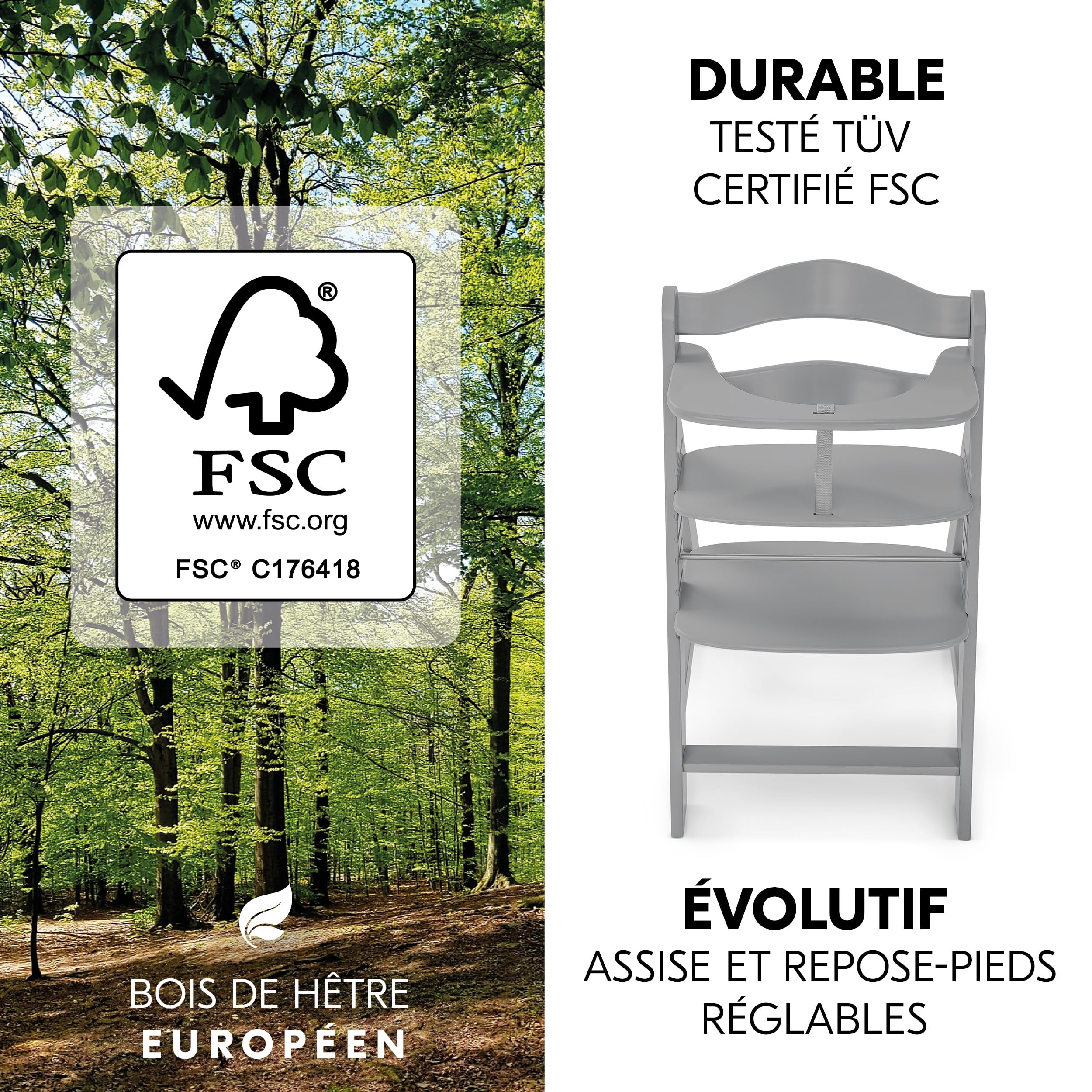 hauck Chaise Haute Bébé Alpha+ avec Siège Nouveau-Né 2 en 1 - Grey | Chaise haute évolutive en bois, de la naissance à 90 kg, inclus assise bébé, coussin et harnais 5 points