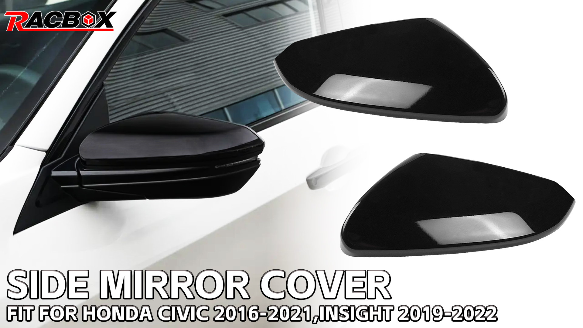 Gloss Black Rear View Mirror Cover Caps For Honda Civic 2016-2021 – OX Horn Style, Pair With 3M Tape