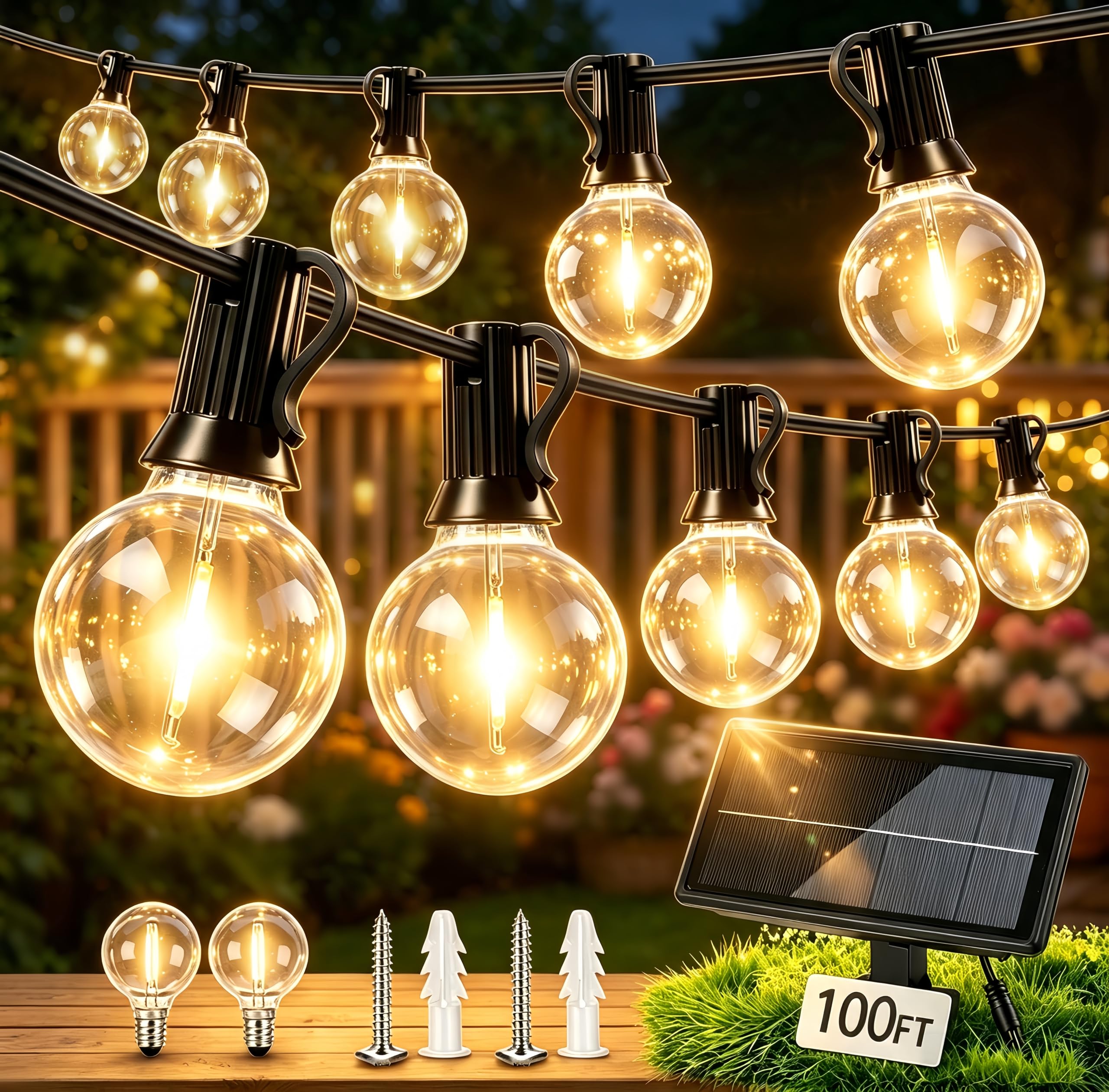 Guirnaldas Luces Exterior Solar 30M, Impermeables Regulable | Luces Exteriores con 50+2 Bombillas Irrompibles, Carga solar o USB, 3 Modos, Ideal para Terrazas, Jardines, Balcones, Fiestas