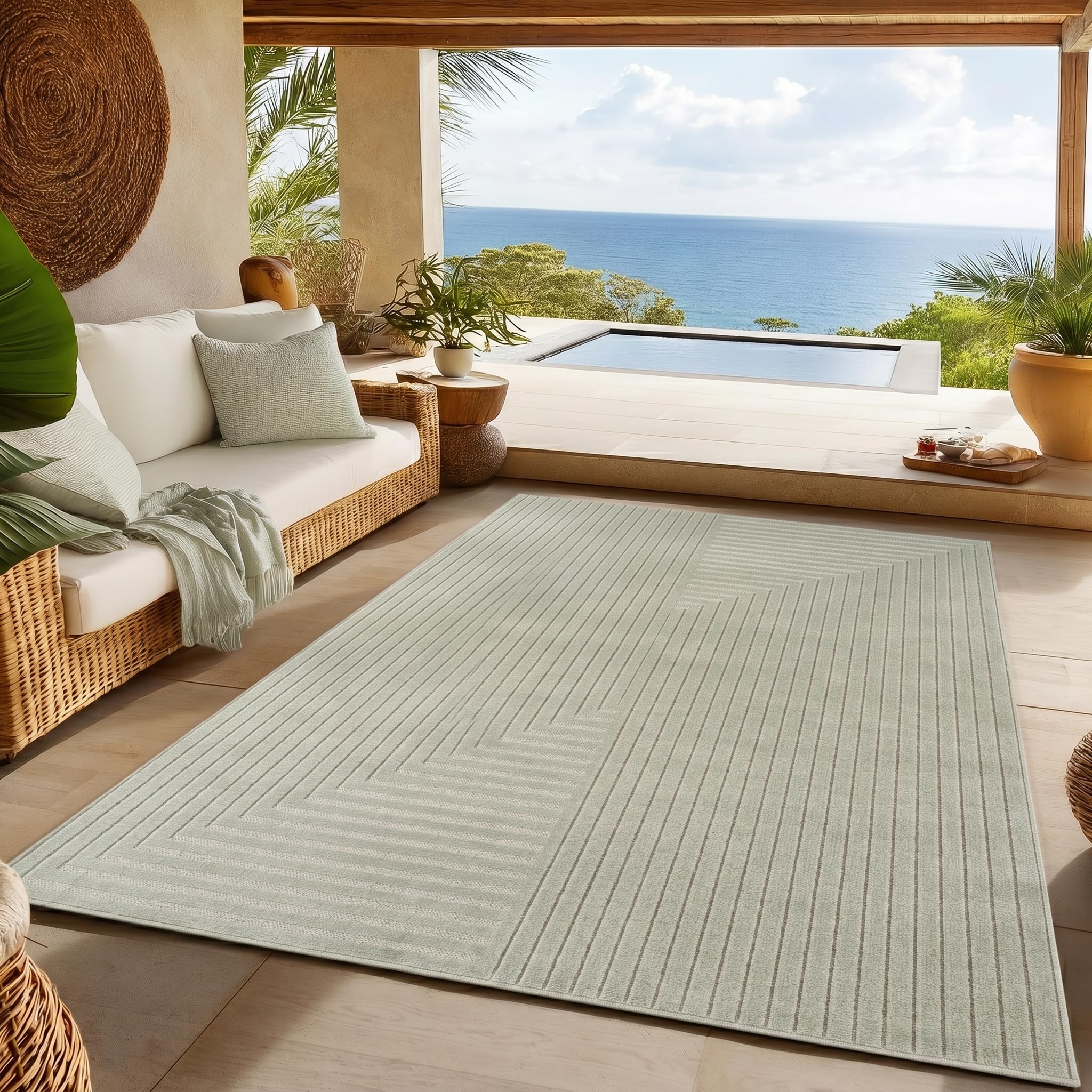 SIMPEX Kurzflor Teppich Wohnzimmer, Schlafzimmer, Küche, 3D Hoch-Tief-Effekt, Skandinavisch Boho Motiv, für Outdoor Bereich geeignet Terrassen oder im Balkon