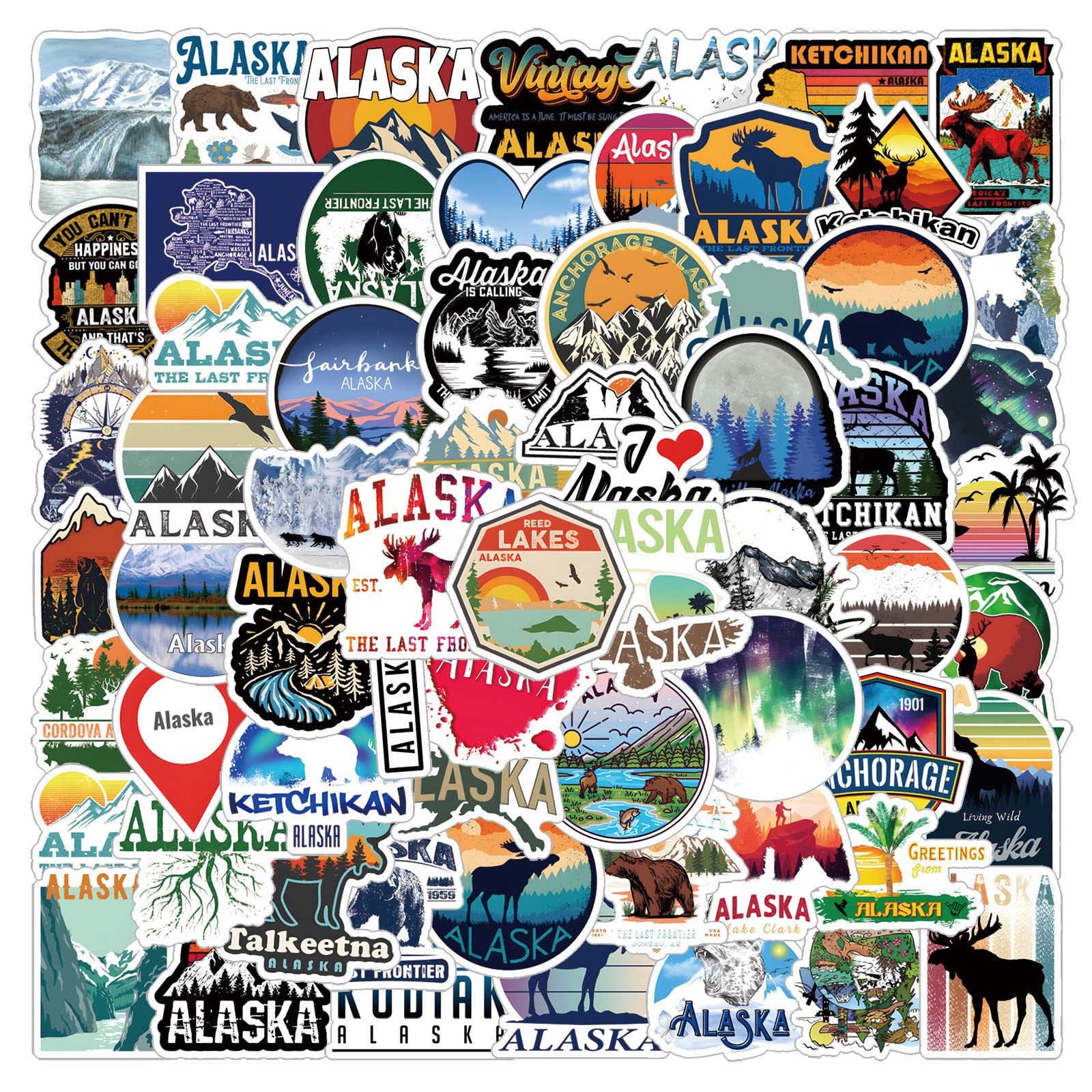 DAWINRKAlaska Stickers 65pcs Decals Aesthetic Waterproof Vinyl Pack Stickers for Water Bottle Laptop Cup Kids Adults Teens Girls Phone Skateboard DIY Party Decorative Supplies Activities