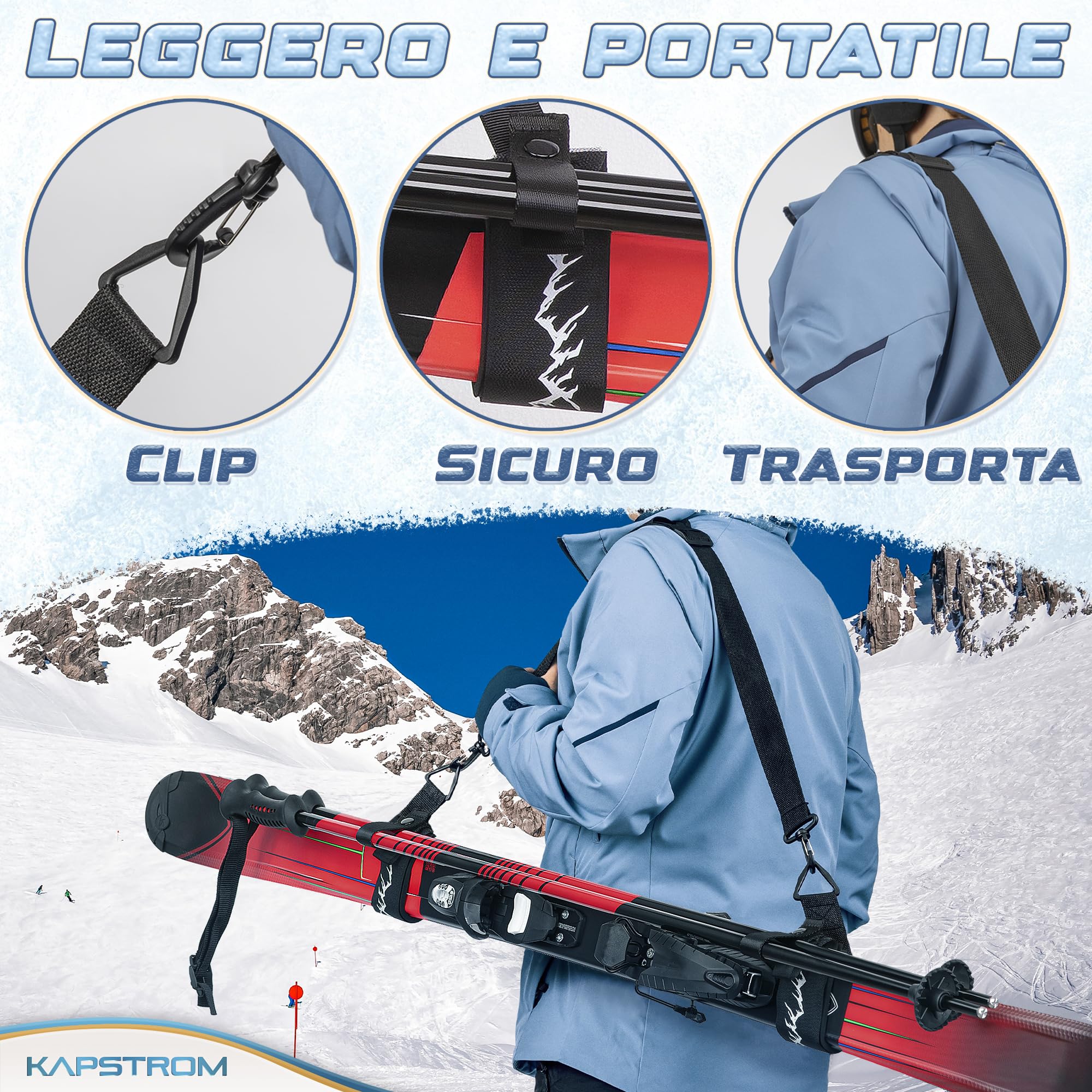 Cinghie per sci e porta bastoncini – Nero – Resistente con lunghezza della cinghia regolabile e tracolla imbottita