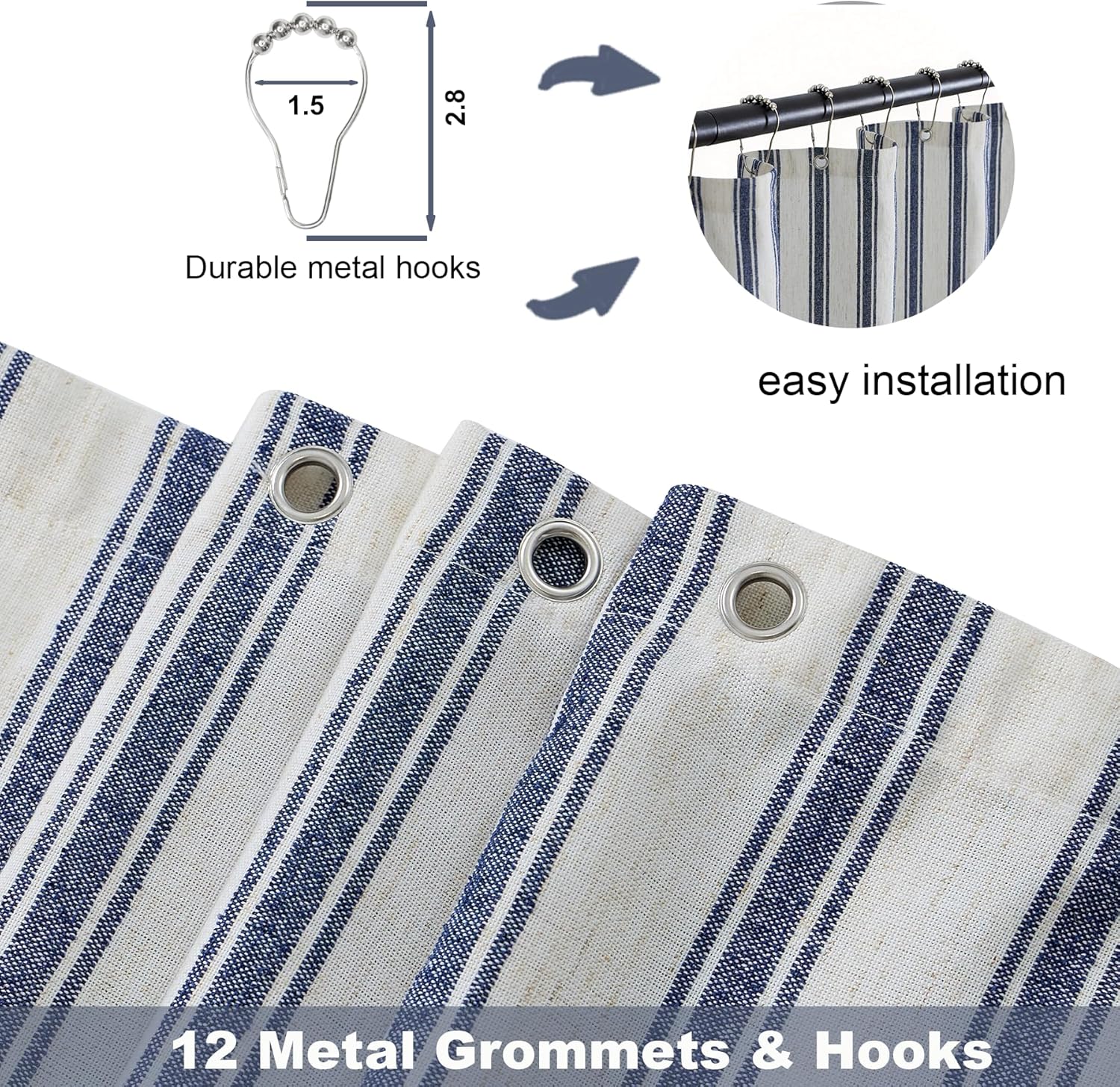 PROCIDA Navy Blue Striped Shower Curtain-Wider Striped, 72x72 Inch Yarn Dyed Linen Blend Cloth Fabric Bathroom Curtain with 12 Metal Hooks, Bath Curtain for Modern Farmhouse Bathrooms