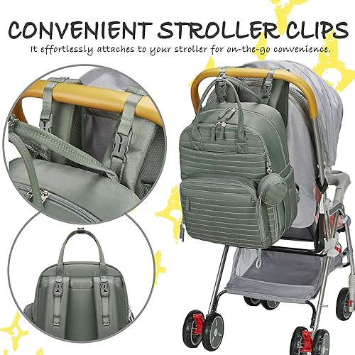 Miniatura 3 de Somago Mochila para pañales para bebé, mochila multifunción para viajes, bolsa de bebé con cambiador, correa para cochecito, Verde oscuro, Mochila