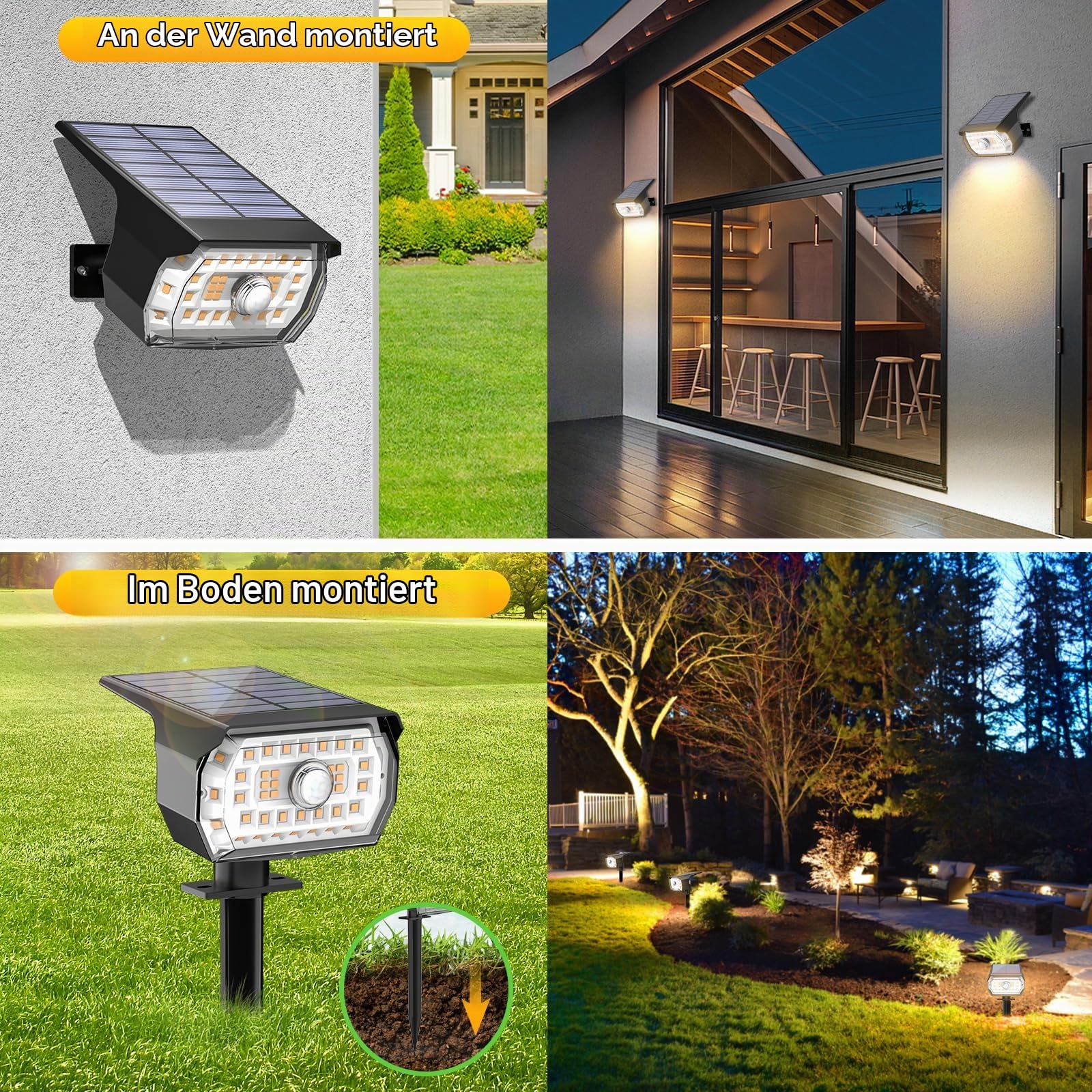 Solarlampen für Außen mit Bewegungsmelder, 4 Stück 43LED SolarStrahler 3000K Warmweiß Solarleuchten für Außen Garten, 3 Modi Solar Gartenleuchten Solar Strahler Aussen Weg Hof Gehweg