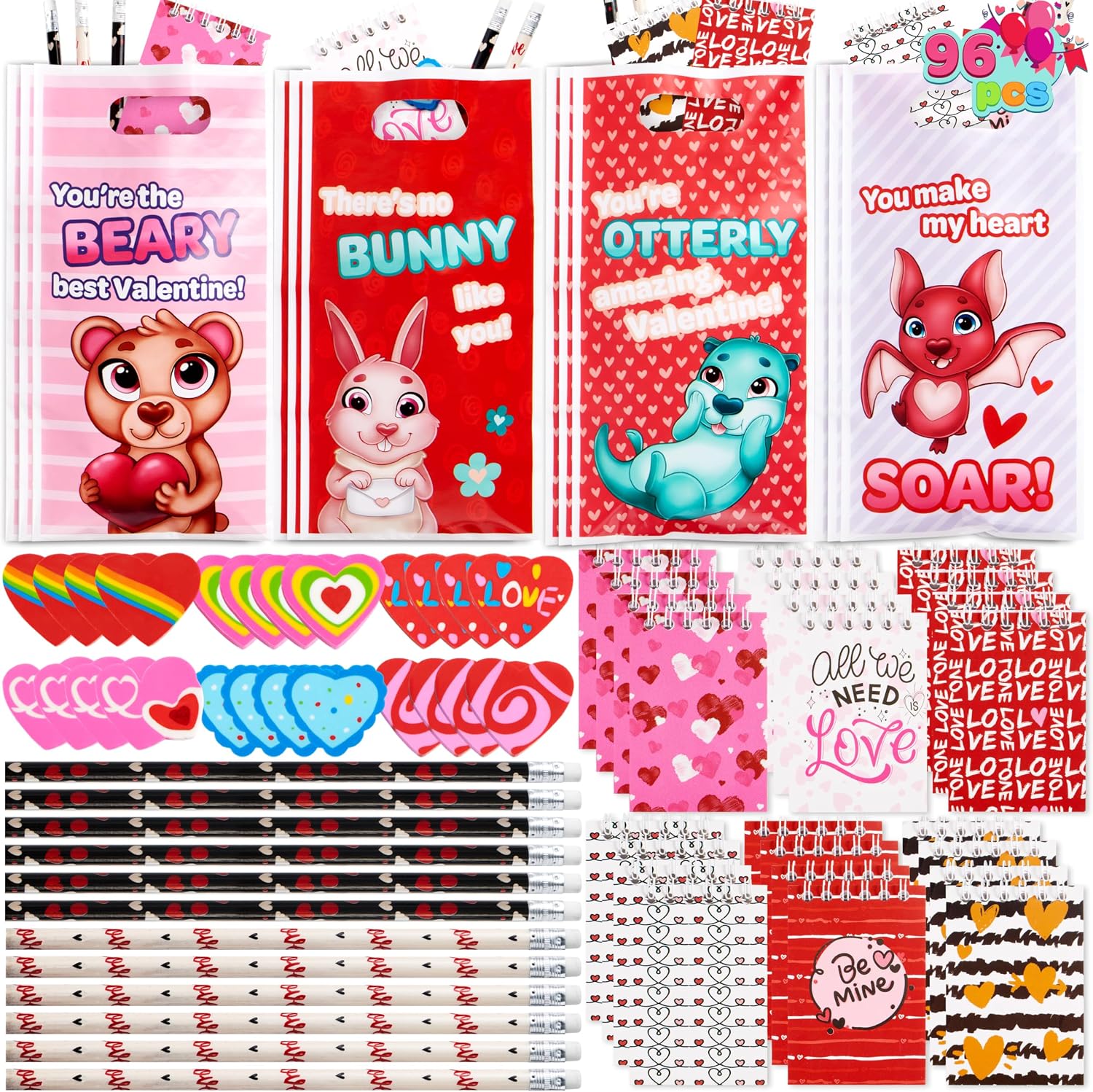 Honest review of JOYIN 96 Valentines Day Stationery Set with Pencil, Erasers, Mini Notepads & Bags for Valentine day Party Favor, Kids Exchange School Classroom, Birthday Presents Gift
