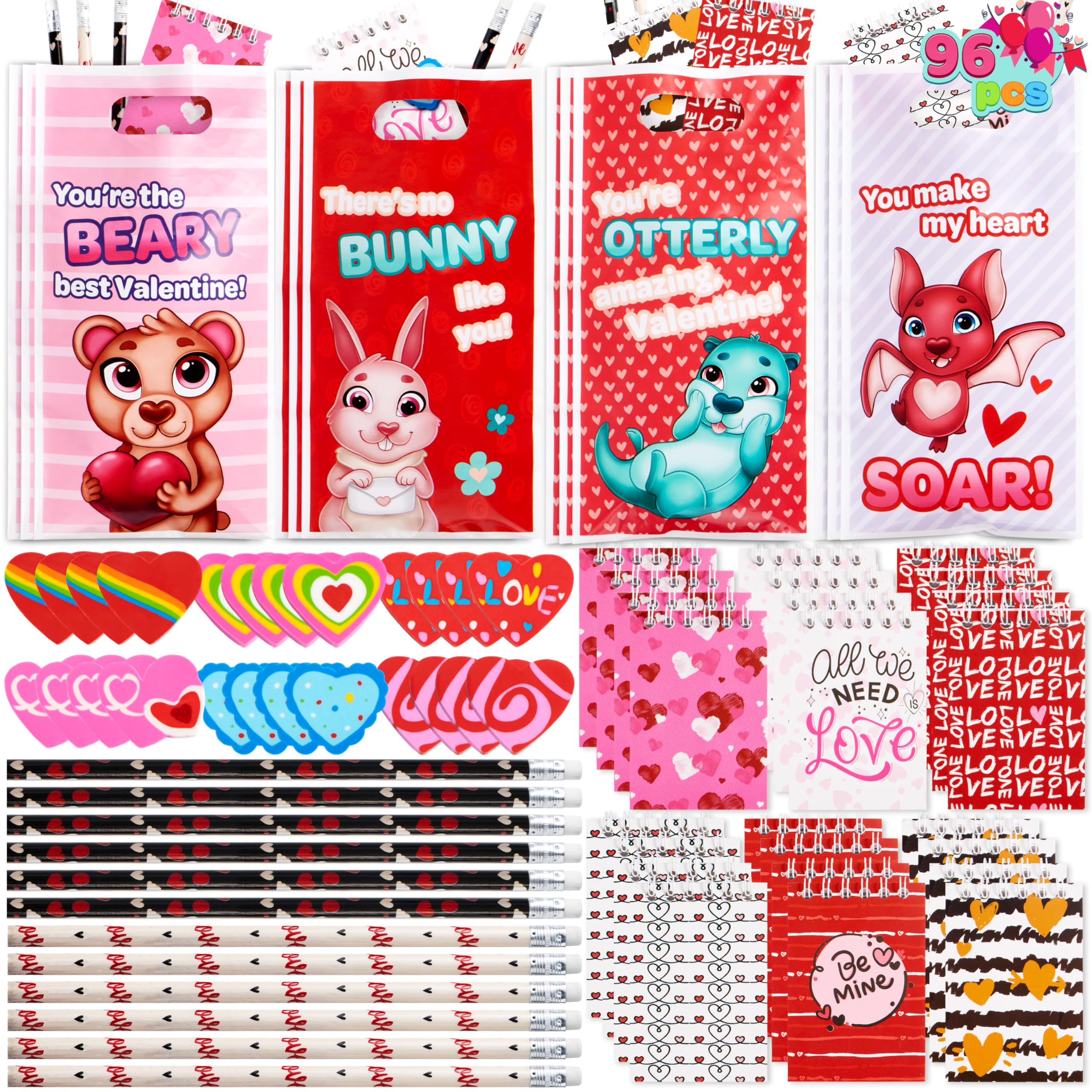 JOYIN 96 Valentines Day Stationery Set with Pencil, Erasers, Mini Notepads & Bags for Valentine day Party Favor, Kids Exchange School Classroom, Birthday Presents Gift