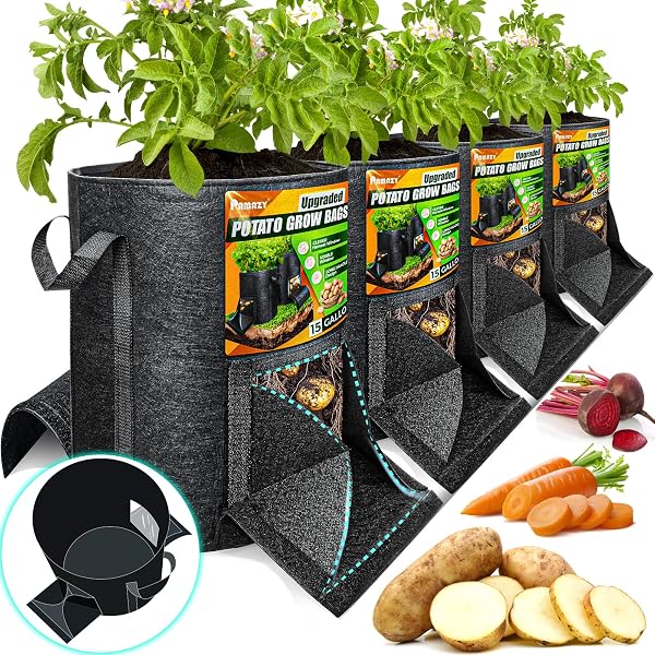 [Upgraded] 4Pcs 15 Gallon Potato Grow Bags with Unique Harvest Window & Visible Window, Non-Woven Planter Pot with Sturd