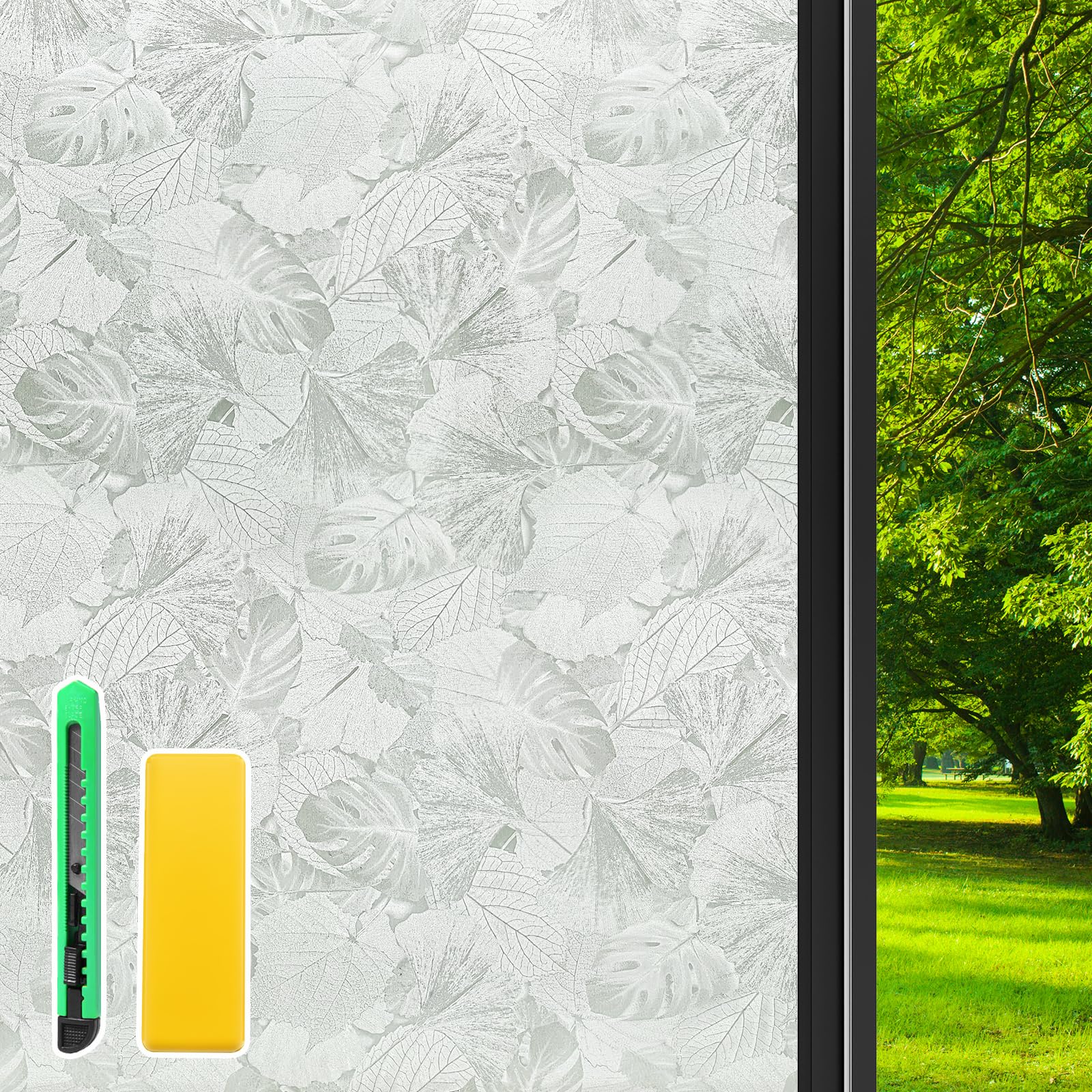 Weeoley Fensterfolie Sichtschutz Milchglasfolie Blätter Muster 90x120 cm | Blickdicht bei Tageslicht, UV-Schutz, statische Haftung ohne Kleber, dekoratives Blättermuster für mehr Privatsphäre