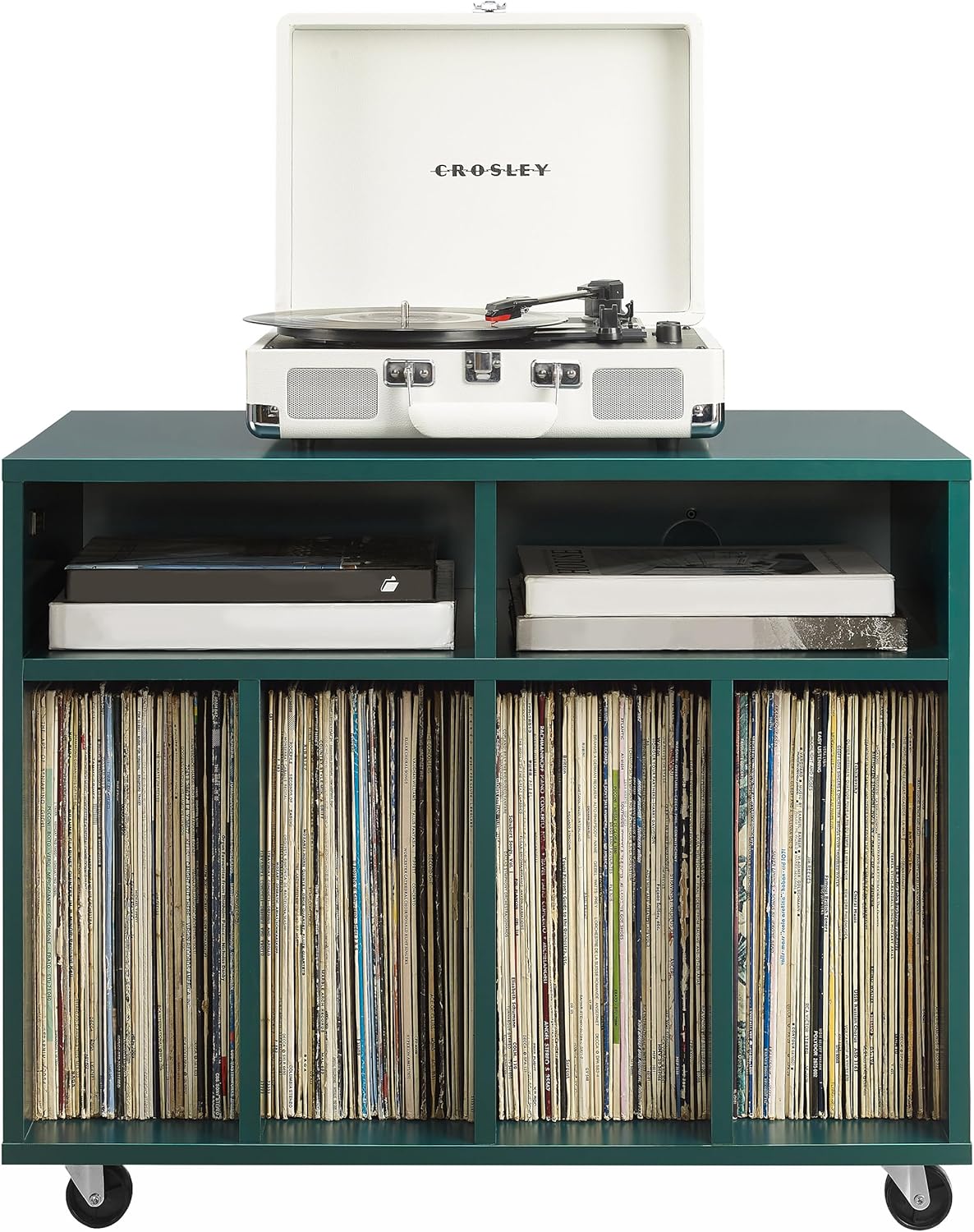 Crosley Furniture Carlo Rolling Record Storage Console, Mobile Turntable Stand, Vinyl Records Holder, Dark Teal