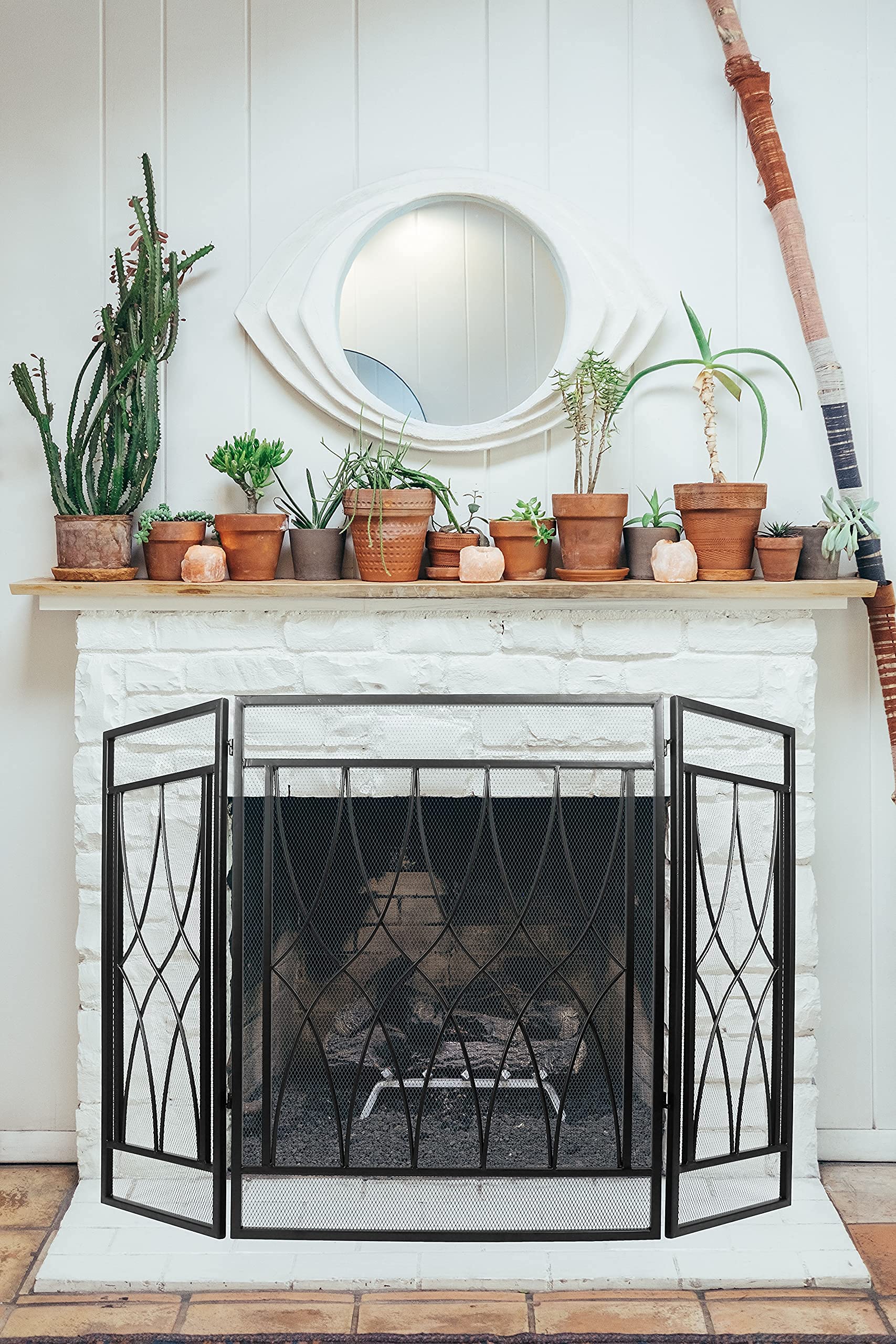 Large Metal 3-Panel Fireplace Screen Black Decorative Wrought Iron Mesh Fireplace Gate 51''(L) x 32''(H)