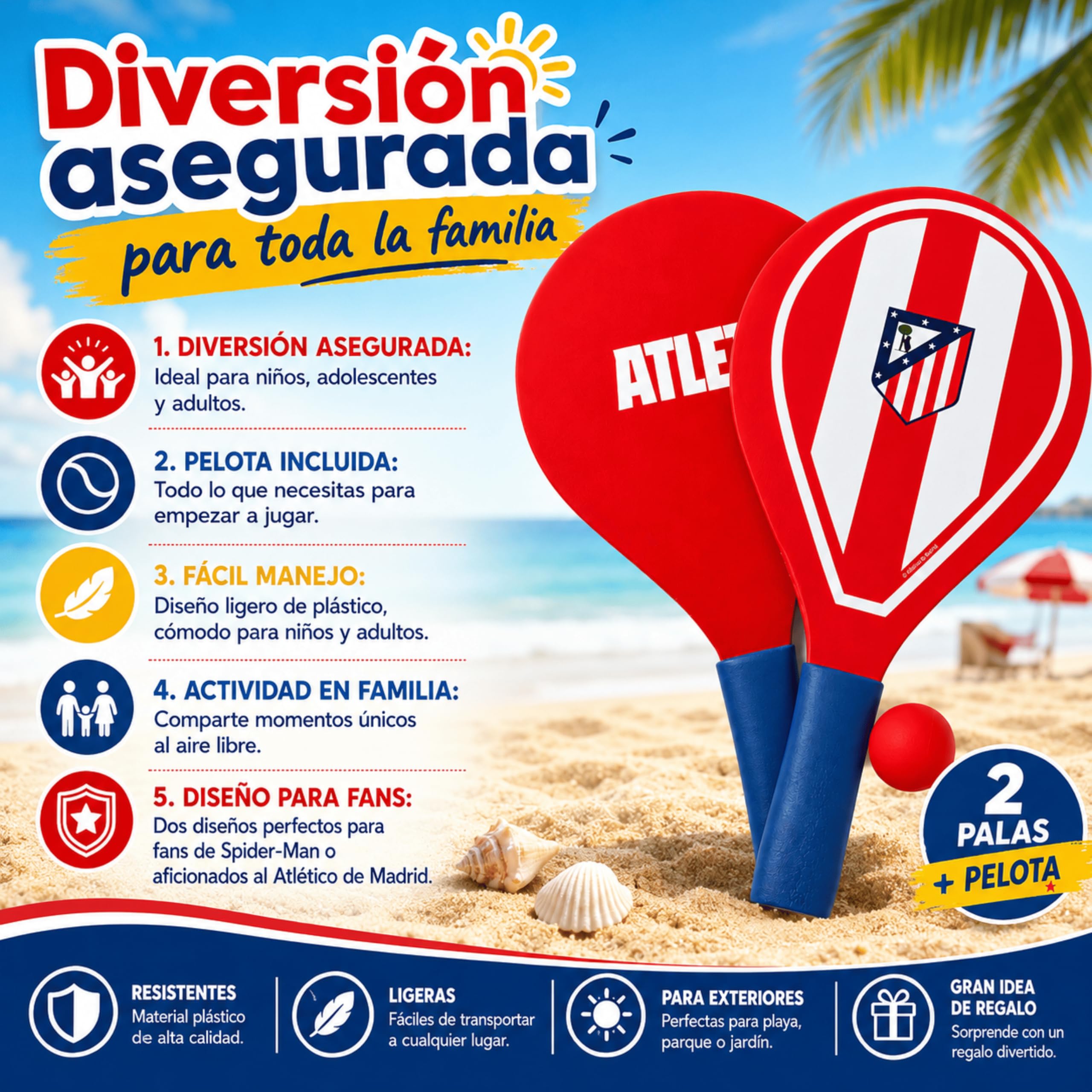 Palas de Playa Atlético de Madrid con Pelota Incluida | Set de 2 Raquetas de Playa de Plástico | Juego de Palas para Niños y Adultos | Ideal para Playa, Piscina, Jardín y Vacaciones
