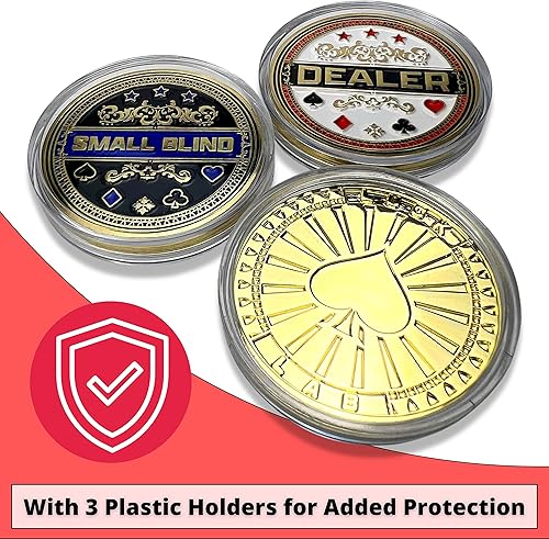 Miniatura 5 de Luck Lab Juego de 3 botones de póquer de metal, botón de distribuidor, ciego grande y pesas de metal pequeñas (marcadores de posición) para Texas