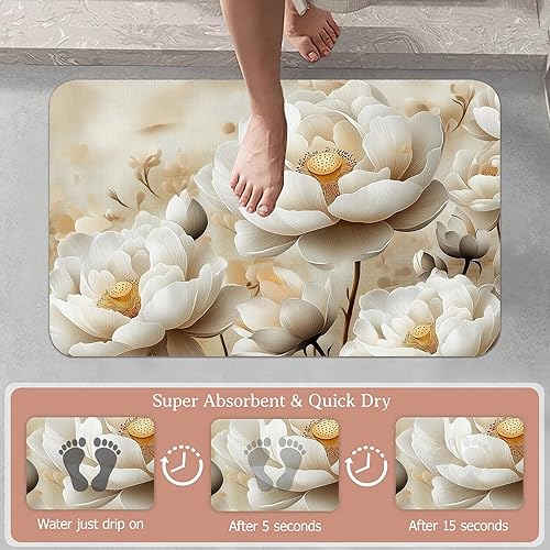 Miniatura 3 de Tapete de baño antideslizante, decoración de baño de peonías blancas, flores de loto de diatomeas, tapete de baño absorbente de secado rápido,