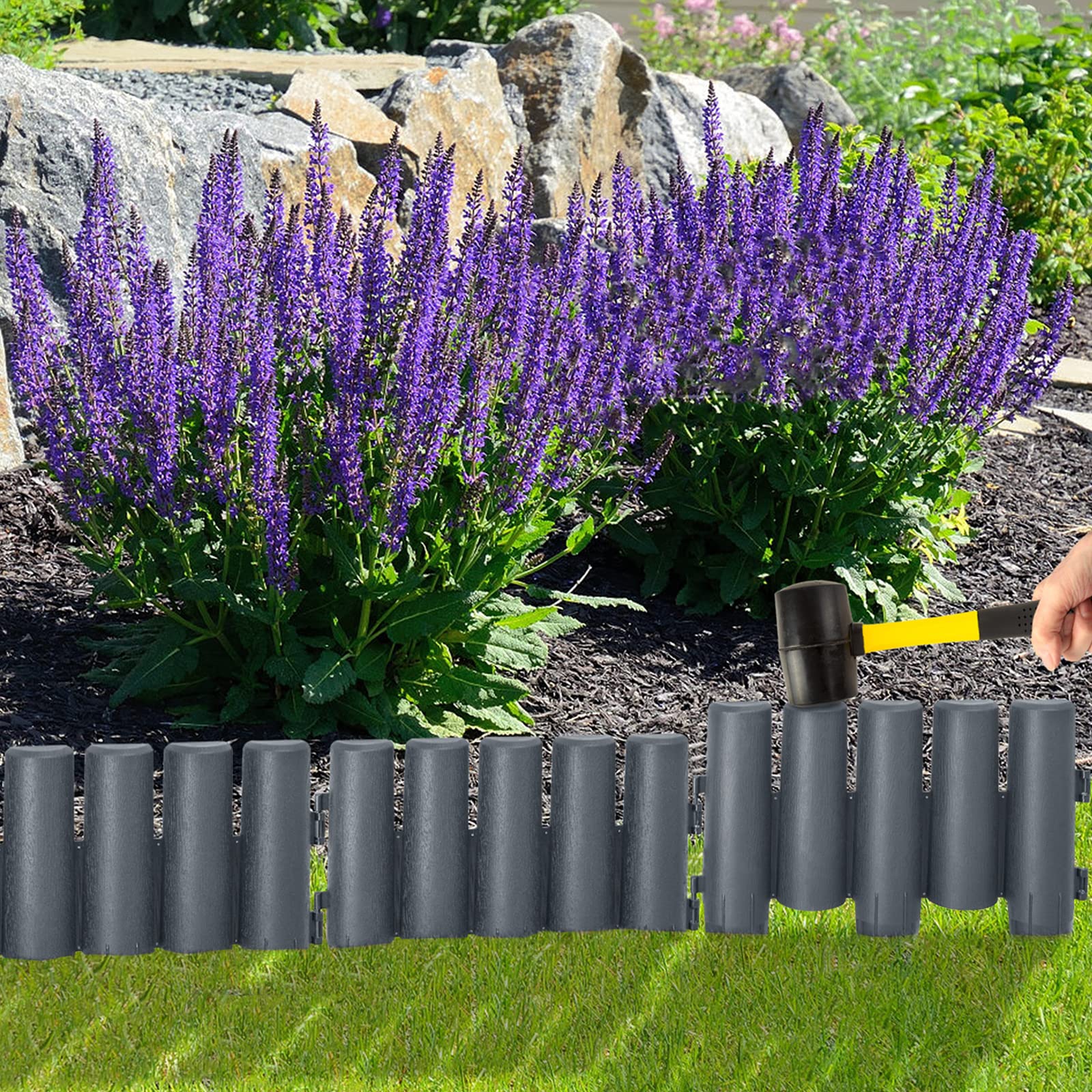 Froadp Bordature da Giardino in Plastica 28x24cm Flessibile Prato Separé da Giardino Staccionata Recinzione Aiuole Bordi con Legno Aspetto per Frutteti Orti o Sentieri (14m=50 pezzi, Antracite)