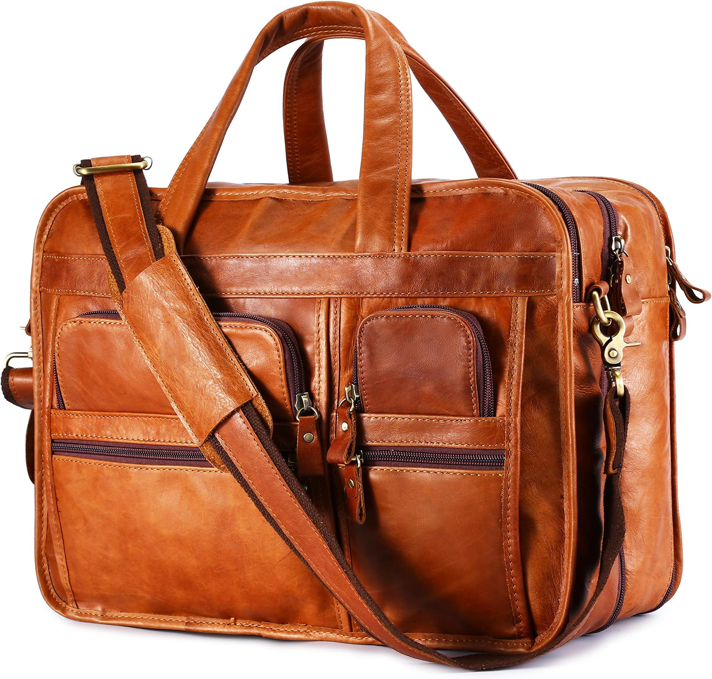 BAIGIO Men's Genuine Leather Briefcase 15.6 Inches Laptop Messenger Bag Vintage Business Tote (Tan)