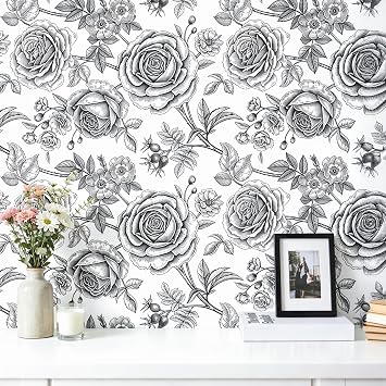 Decotalk Vintage Wallpaper Floral Peel and Stick Wall Paper 17.5x354 Inch Black and White Flowers Wallpaper for Bedroom Bathroom White and Black Floral Contact Paper, Branch Berries Dog Rose Flowers