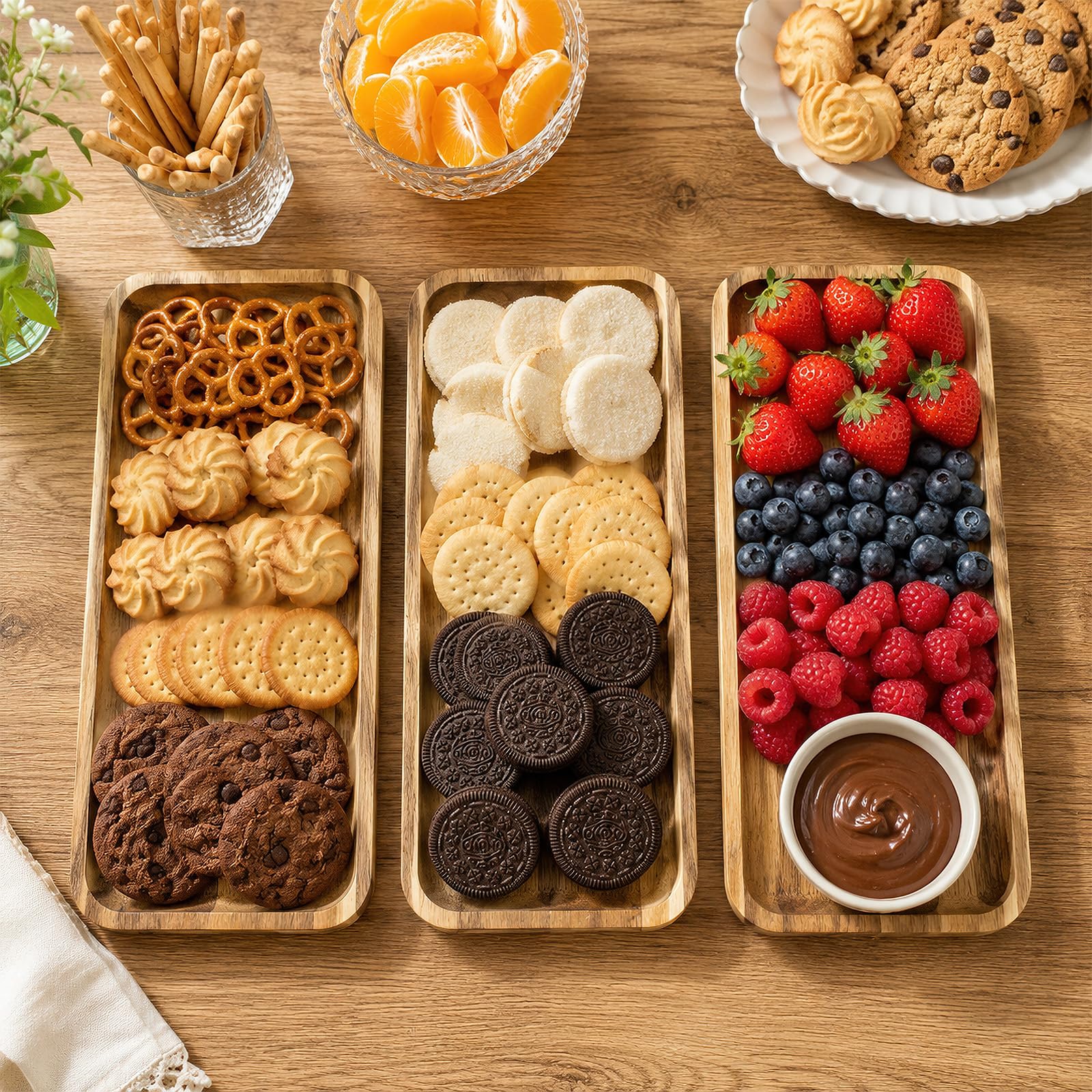6 Stück Servierplatten aus Akazienholz, Rechteckige Holztabletts 35,5 x 14 x 1,5 cm, Holz Servierbrett für Käse, Snacks, Vorspeisen, Obst, Dessert, Charcuterie, Küche, Café und Party